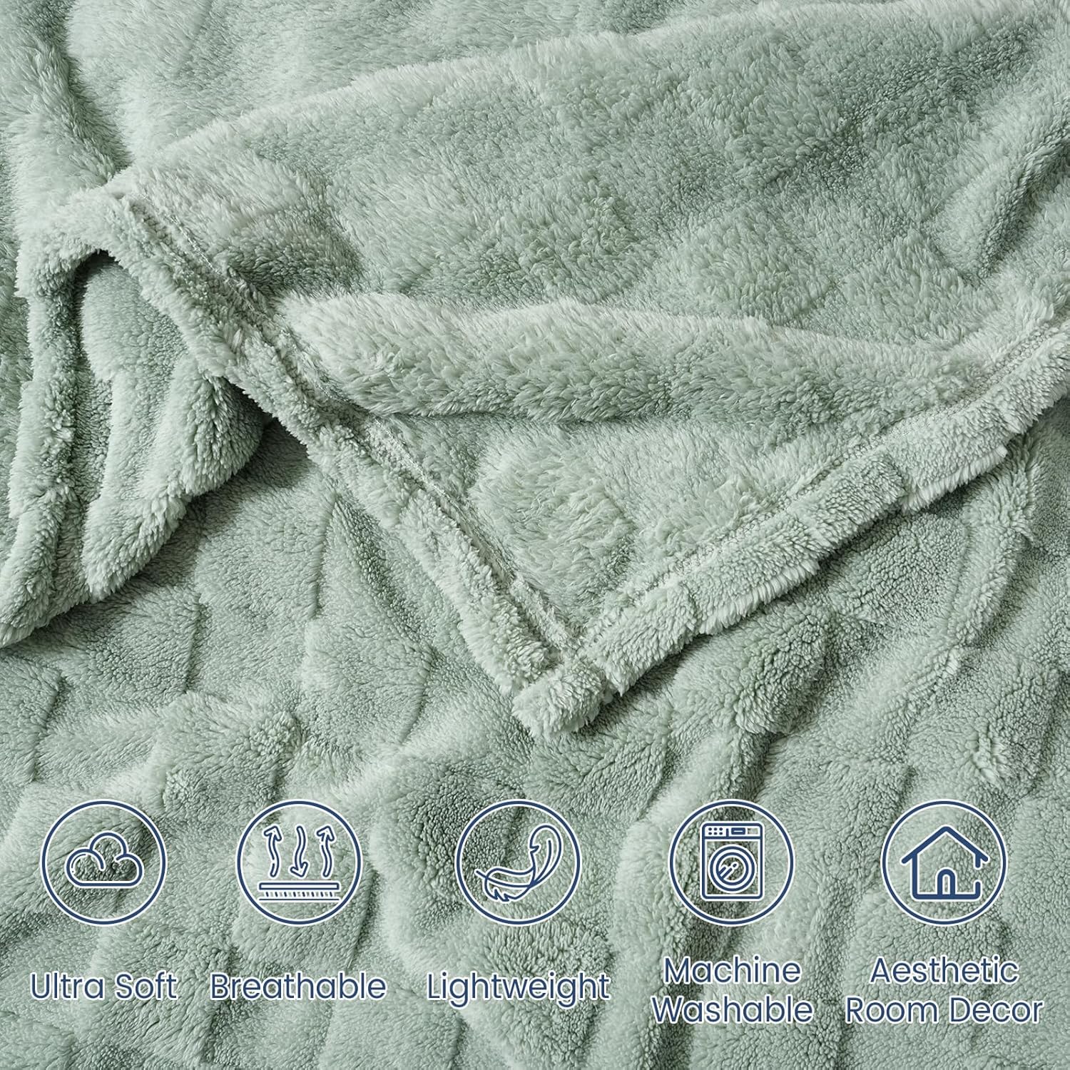 Ultra Soft Fleece Blanket Queen Size - Checkered Jacquard Flannel, No Shedding & No Pilling, Cozy Lightweight All Season Decor for Couch/Bed, Aqua Gray, 90x90 Inches