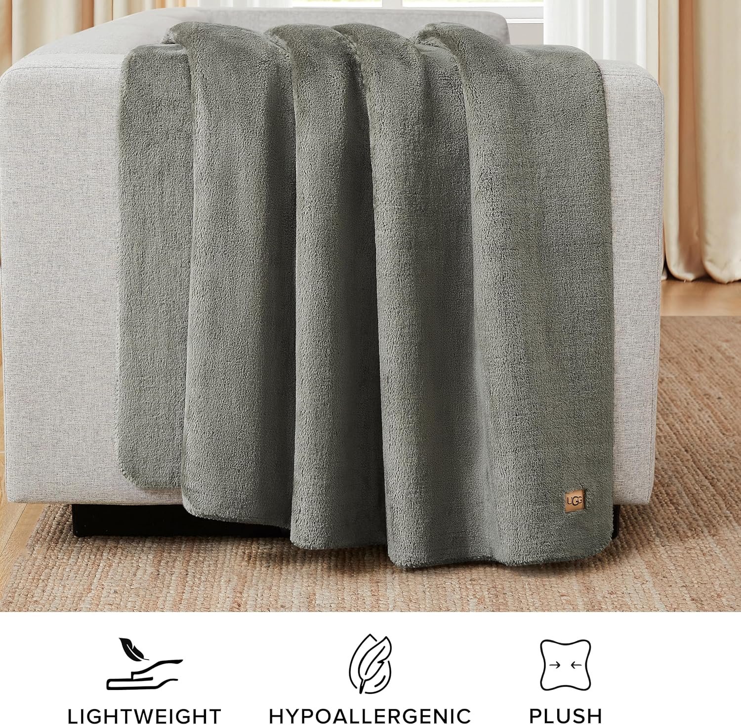 Whitecap Plush Throw Blanket Fleece Lightweight Soft Cozy Throw for Couch Luxury Home Decor for Living Room Machine Washable Hypoallergenic Flannel Blankets, 50-inch x 70-inch, Light Grey Seal