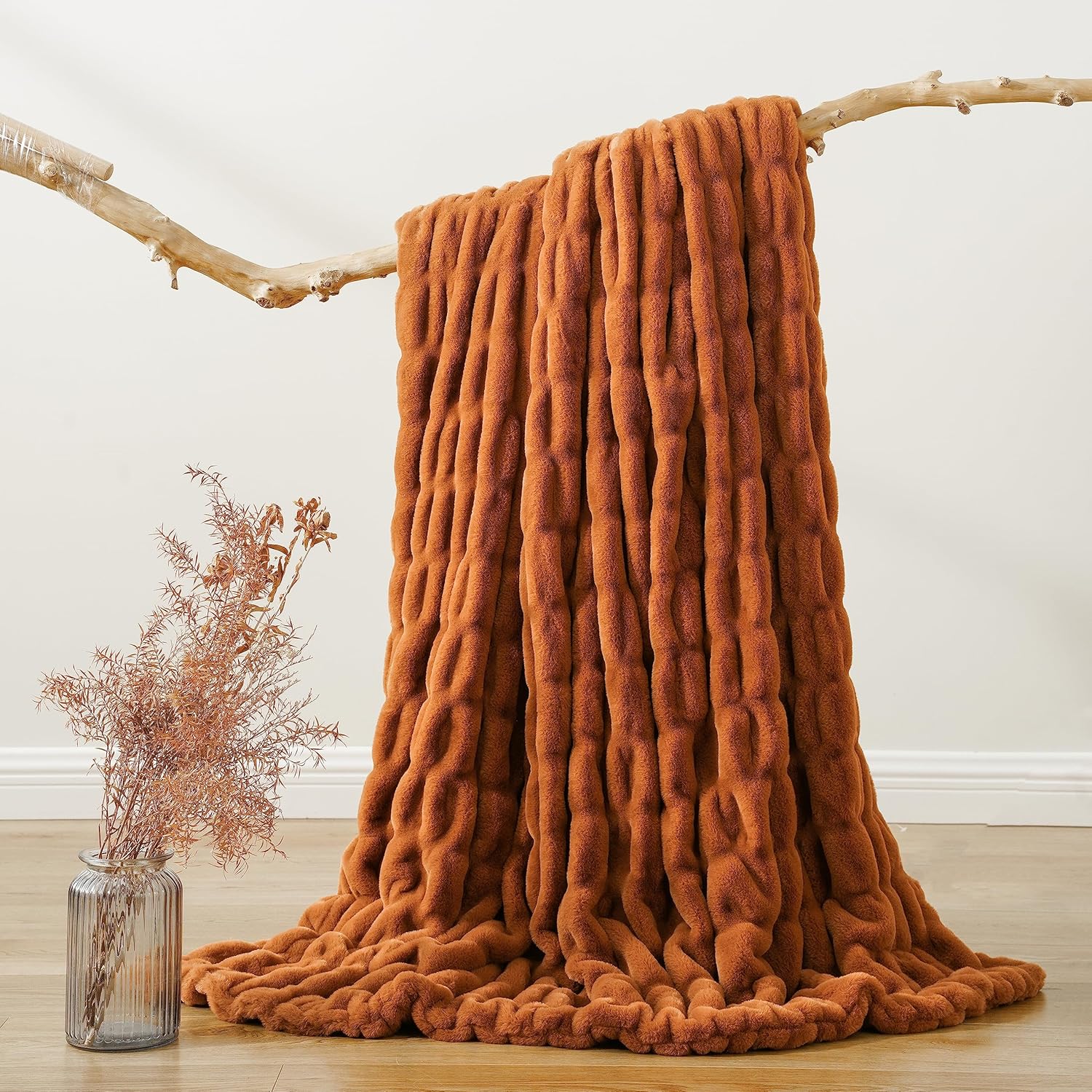 HOME Burnt Orange Faux Fur Throw Blanket for Couch, Double Side Ruched Reversible Rabbit Fur Blanket for Bed, Sofa, Cozy Soft Mink Blanket, Fall Throw Blanket Fall Decor, 50x60 Inches