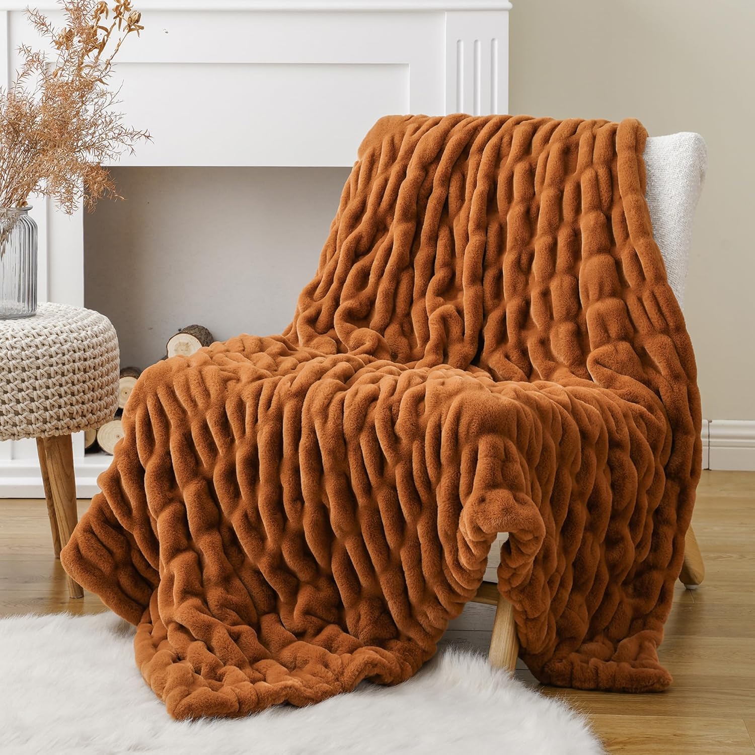 HOME Burnt Orange Faux Fur Throw Blanket for Couch, Double Side Ruched Reversible Rabbit Fur Blanket for Bed, Sofa, Cozy Soft Mink Blanket, Fall Throw Blanket Fall Decor, 50x60 Inches