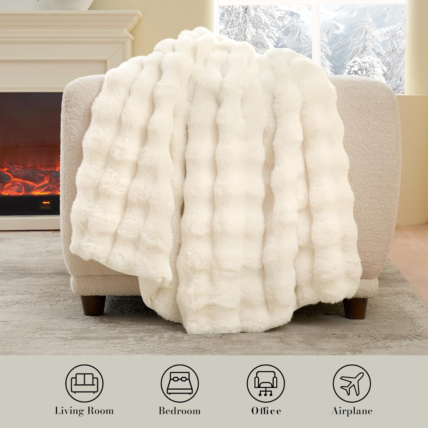 Faux Fur Throw Blanket for Couch, Fuzzy Soft Plush Thick Bubble Blanket for Sofa Bedroom Living Room, 50 x 60 Inches, Cream White