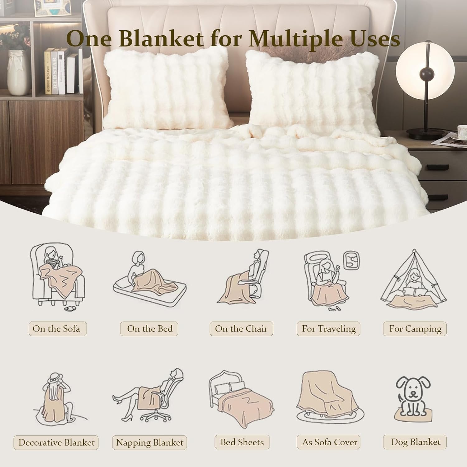 Plush Throw Blanket for Couch - Super Soft Fuzzy Fluffy Blanket Cozy Faux Fur Blanket, Luxury Blankets for Women Warm Lightweight Throw Blankets for Bed Couch Sofa (W100 x L160CM, White)