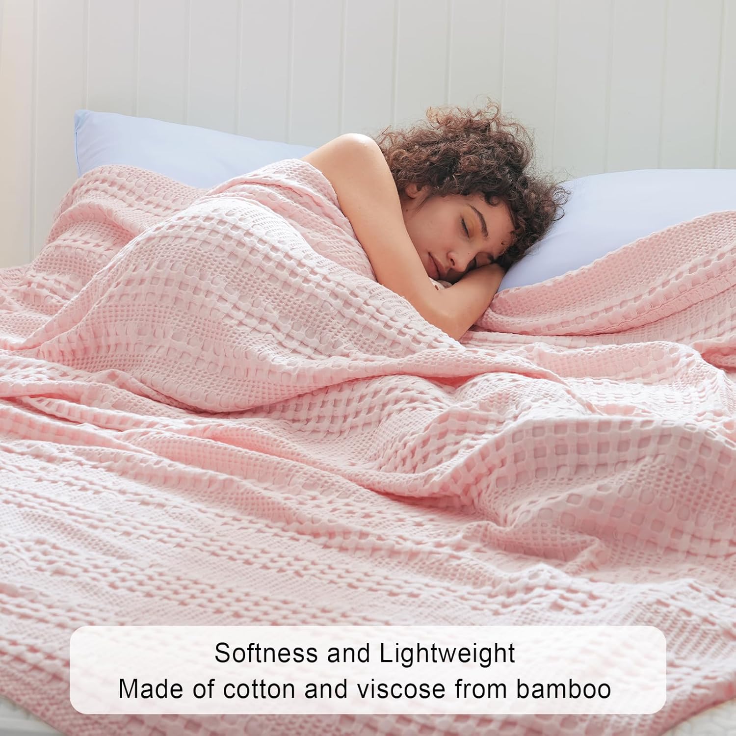 Cooling Waffle Blanket Queen Size, Lightweight 60% Rayon Derived from Bamboo & 40% Cotton Breathable Blanket for Hot Sleepers, Soft and Luxury for Bed Couch and Sofa, 90"x90", Pink