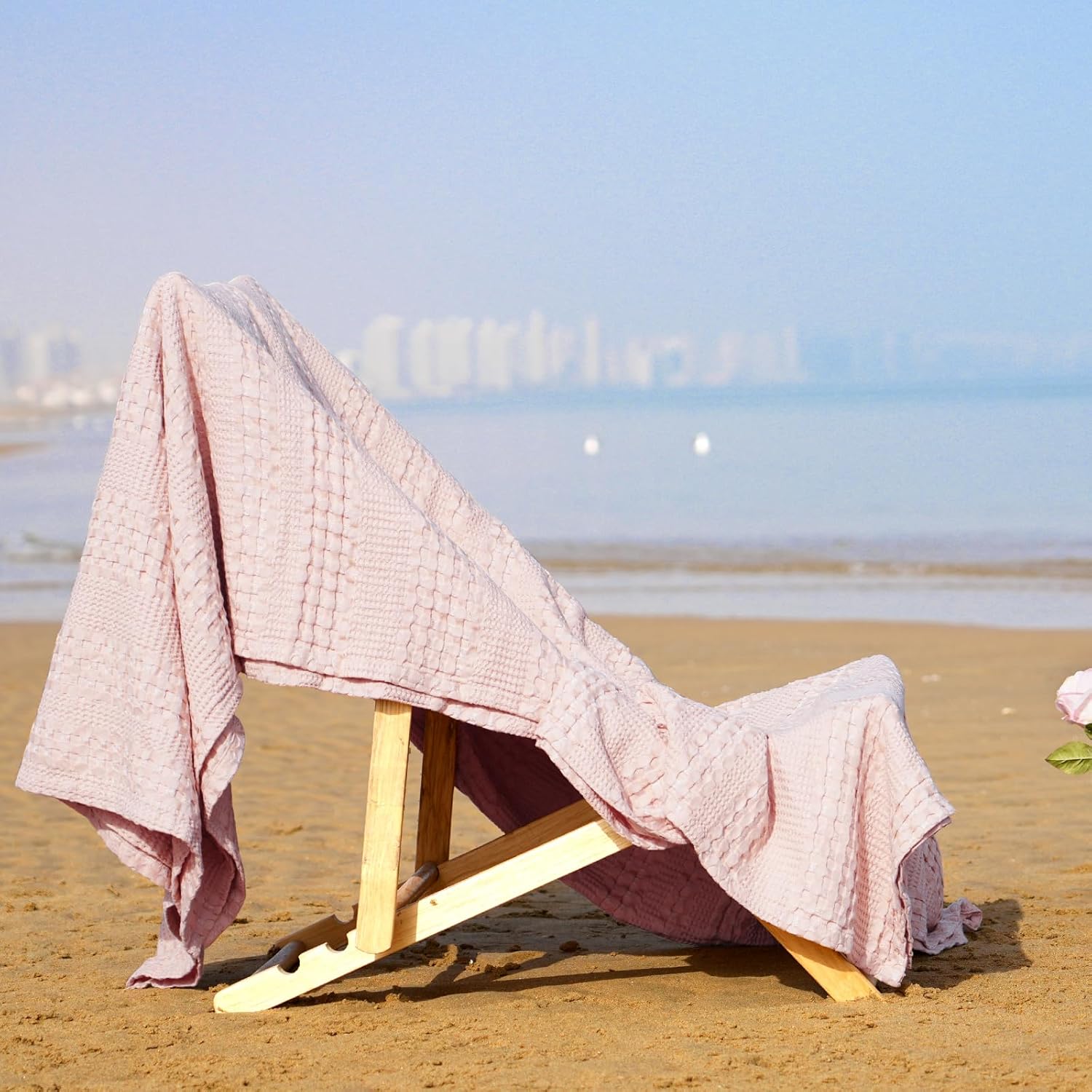 Cooling Waffle Blanket Queen Size, Lightweight 60% Rayon Derived from Bamboo & 40% Cotton Breathable Blanket for Hot Sleepers, Soft and Luxury for Bed Couch and Sofa, 90"x90", Pink
