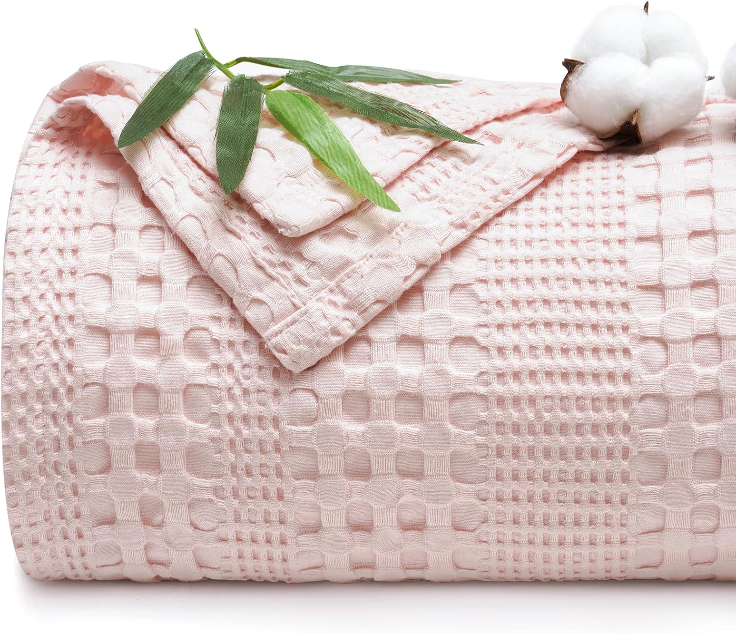 Cooling Waffle Blanket Queen Size, Lightweight 60% Rayon Derived from Bamboo & 40% Cotton Breathable Blanket for Hot Sleepers, Soft and Luxury for Bed Couch and Sofa, 90"x90", Pink