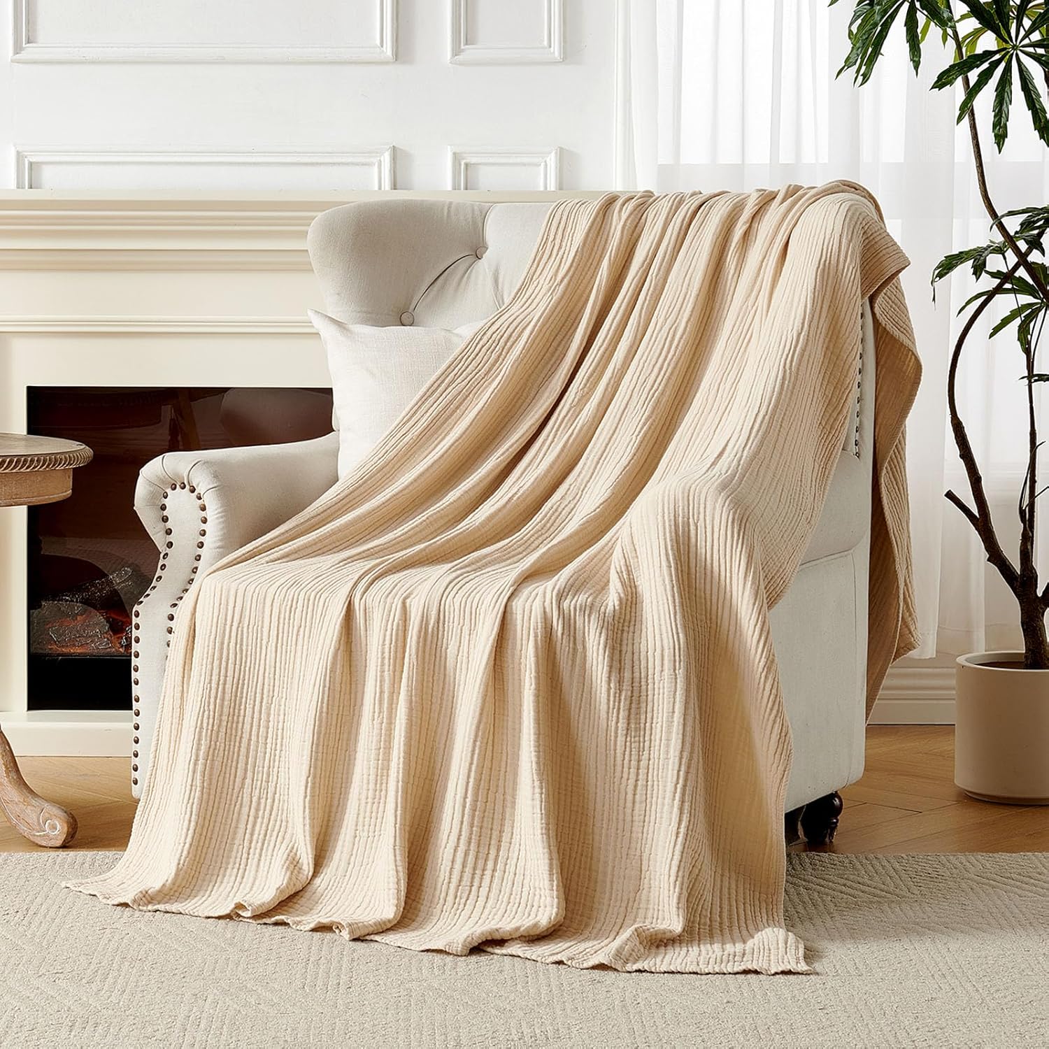 100% Cotton Muslin Throw Blanket for Couch Bed and Sofa, 4-Layer Lightweight and Breathable Soft Gauze Blanket for All Season, Luxury Throws Cotton Blanket Gift(Light Tan, 50"x70")