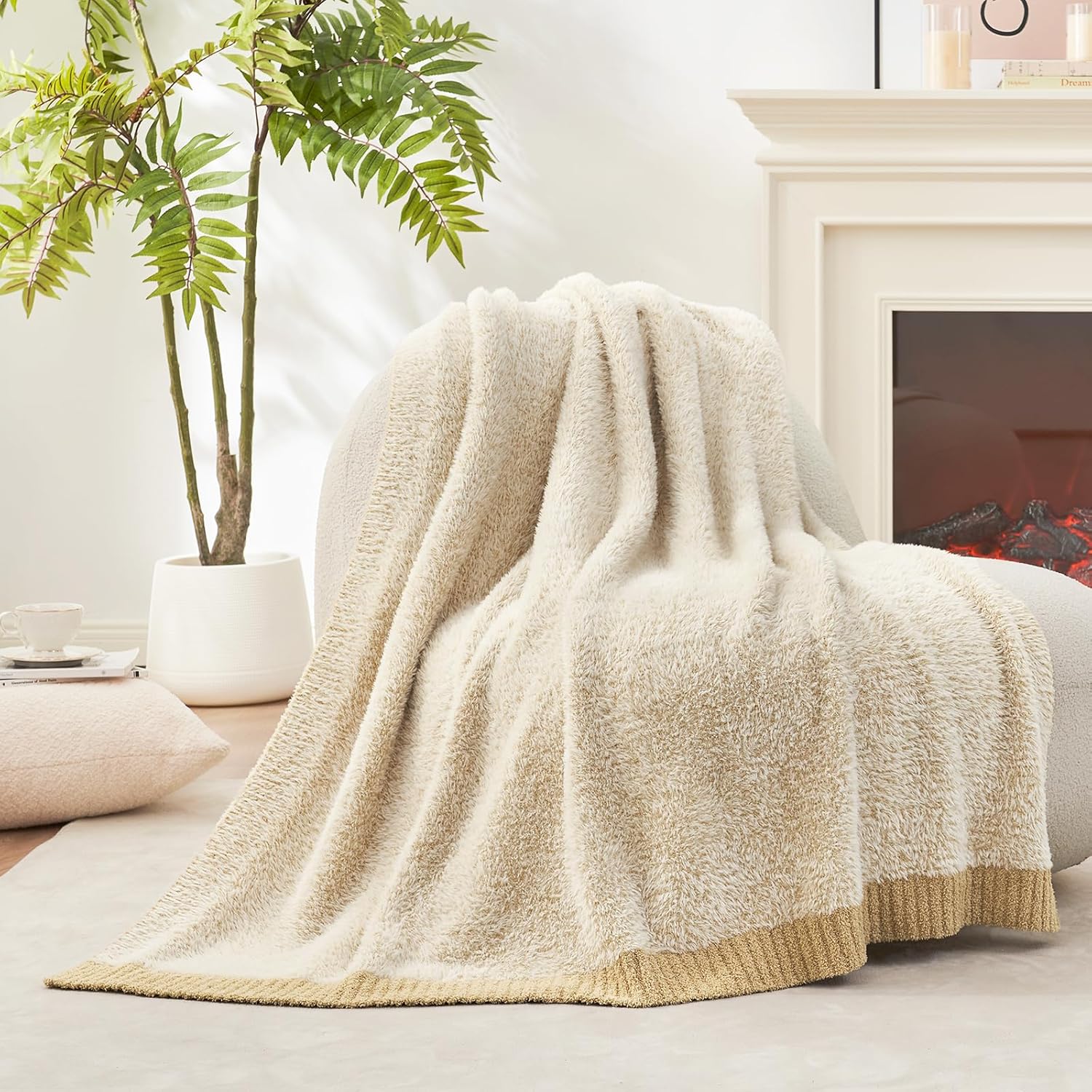 Soft Faux Fur Throw Blanket for Couch, Camping and Travel, Lightweight Reversible Microfiber Blanket for Sofa Chair Bed, 50 x 60 in, Heather Beige