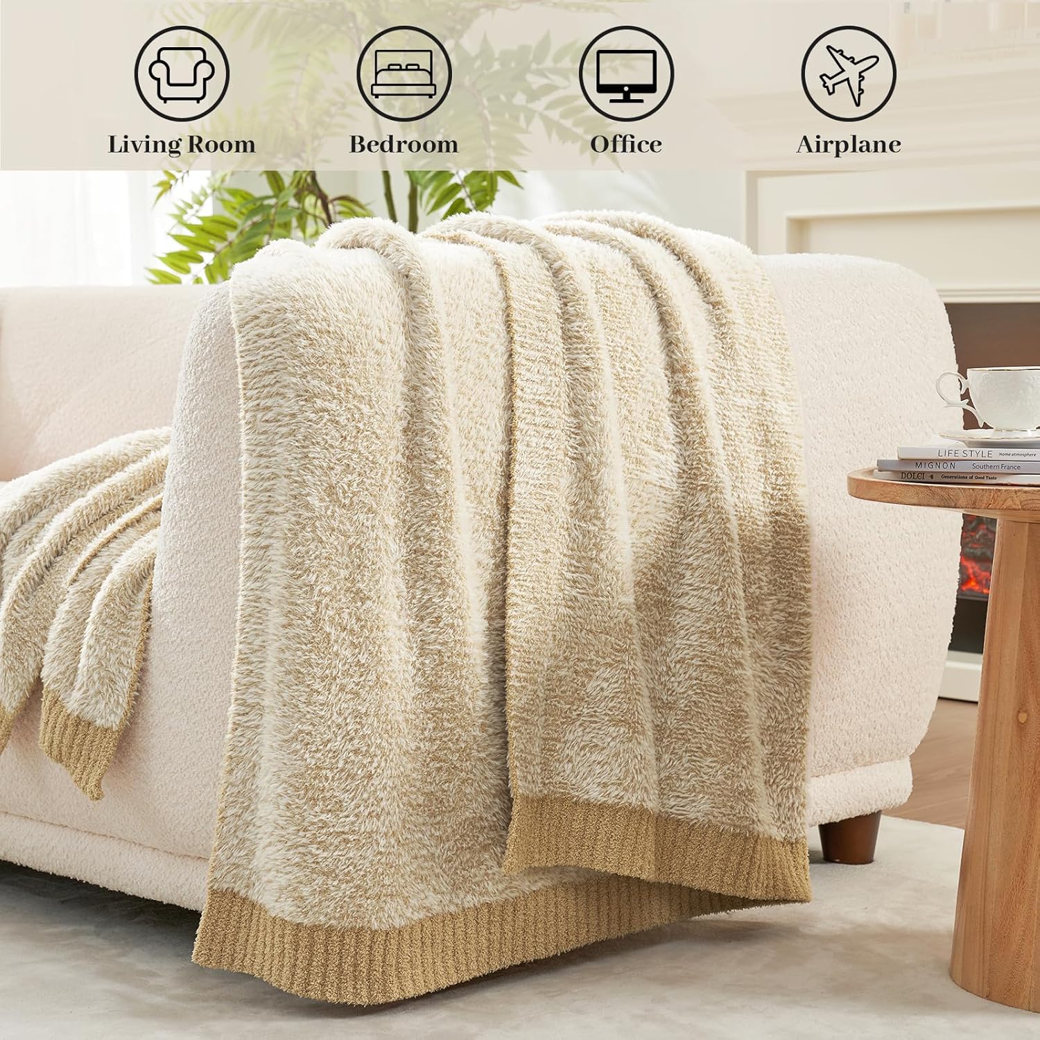 Soft Faux Fur Throw Blanket for Couch, Camping and Travel, Lightweight Reversible Microfiber Blanket for Sofa Chair Bed, 50 x 60 in, Heather Beige