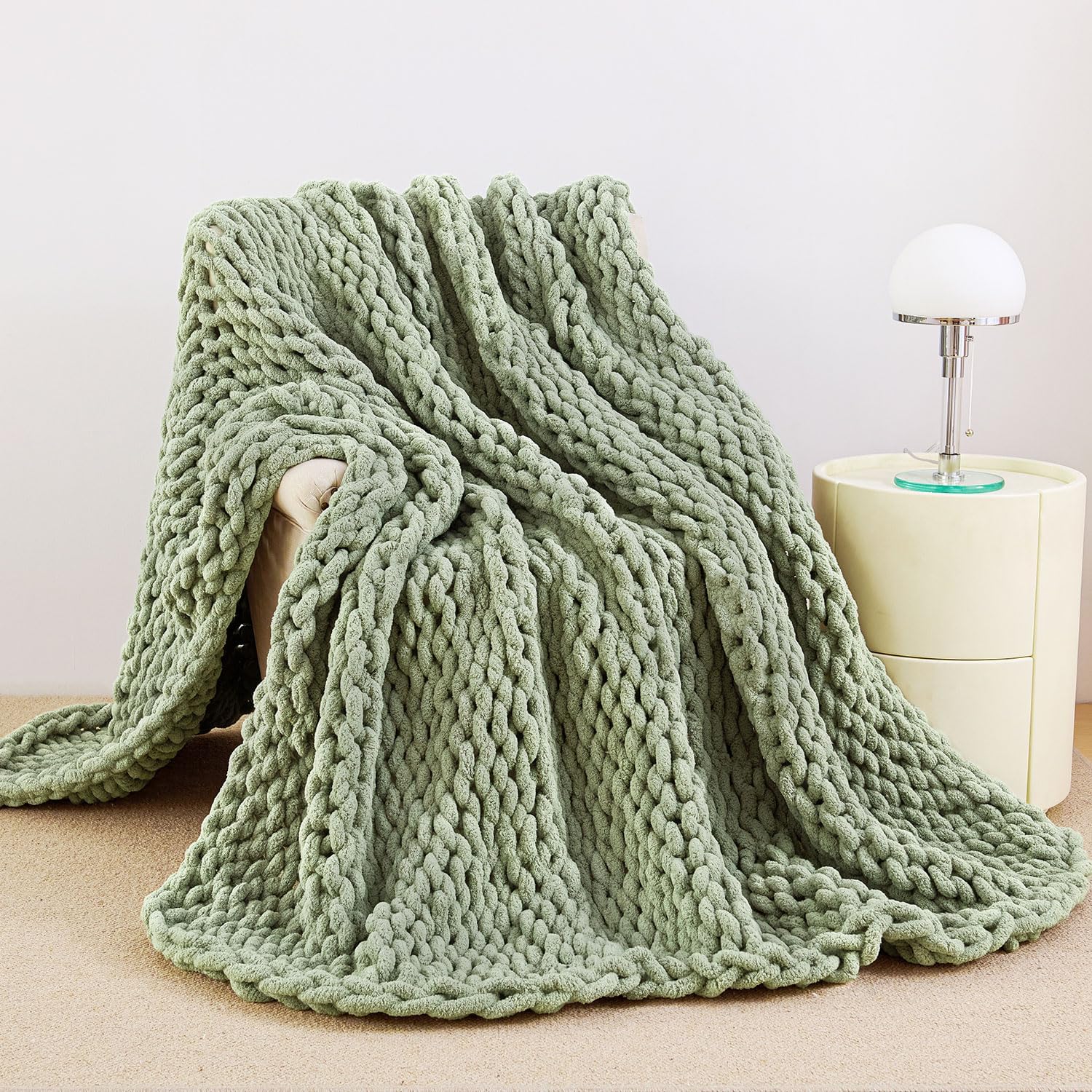 Chunky Knit Blanket Throw, 100% Hand Knit Chenille Throw Blanket for Sofa & Home Decor, Soft and Cozy Knitted Throw Blankets (Sage Green，51"x63")