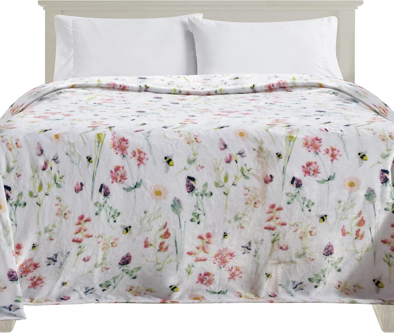 Ultra Soft Print Flannel Fleece Bed Blanket, Cozy-Fuzzy Lightweight Bedspread Coverlet, All Season Decorative Blanket for Couch, Sofa, Floral Design, Queen Size, Bloom