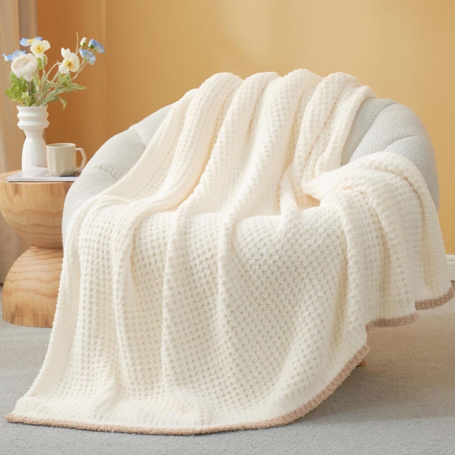 Ultra Soft Waffle Throw Blanket for Couch Bed Sofa 50x60 inches, Reversible Cream Blanket Microfiber Fluffy Fuzzy Cozy Knit Throws for Women Mothers Birthday Gifts