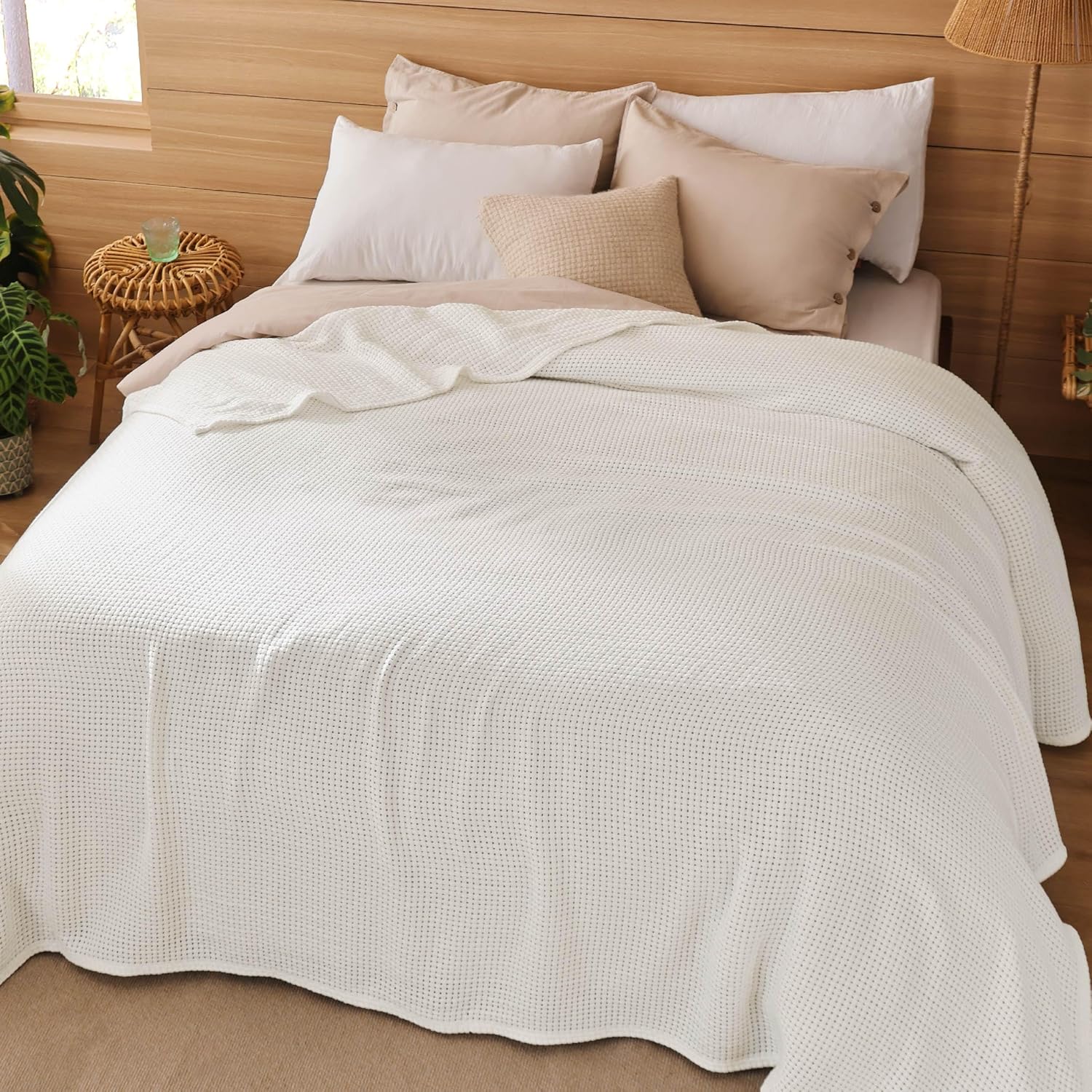 100% Cotton Blanket King Size for Bed - Breathable and Lightweight, Soft Cozy Basket Woven Blanket for Summer, White, 108x90 inches