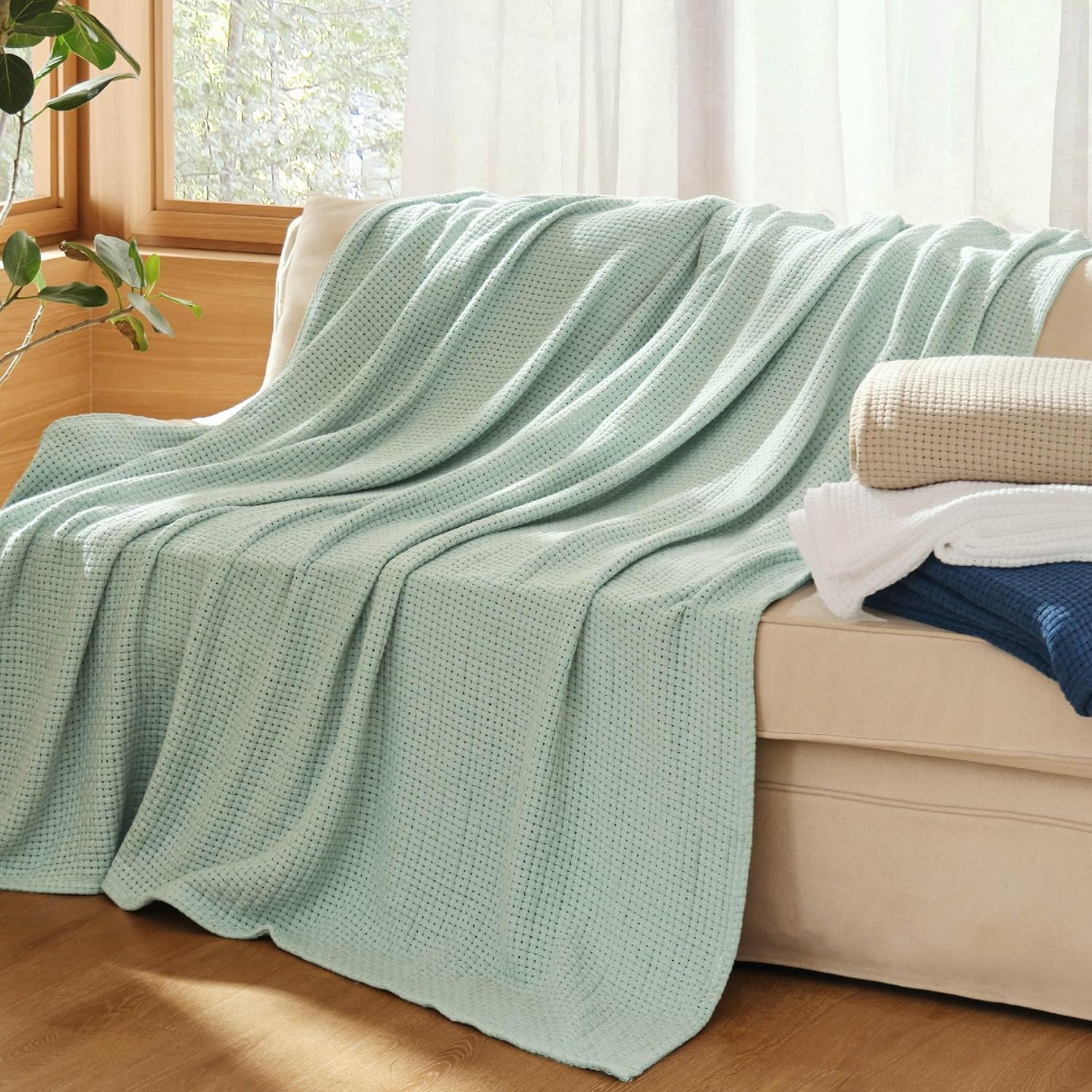 100% Cotton Blanket King Size for Bed - Breathable and Lightweight, Soft Cozy Basket Woven Blanket for Summer, White, 108x90 inches
