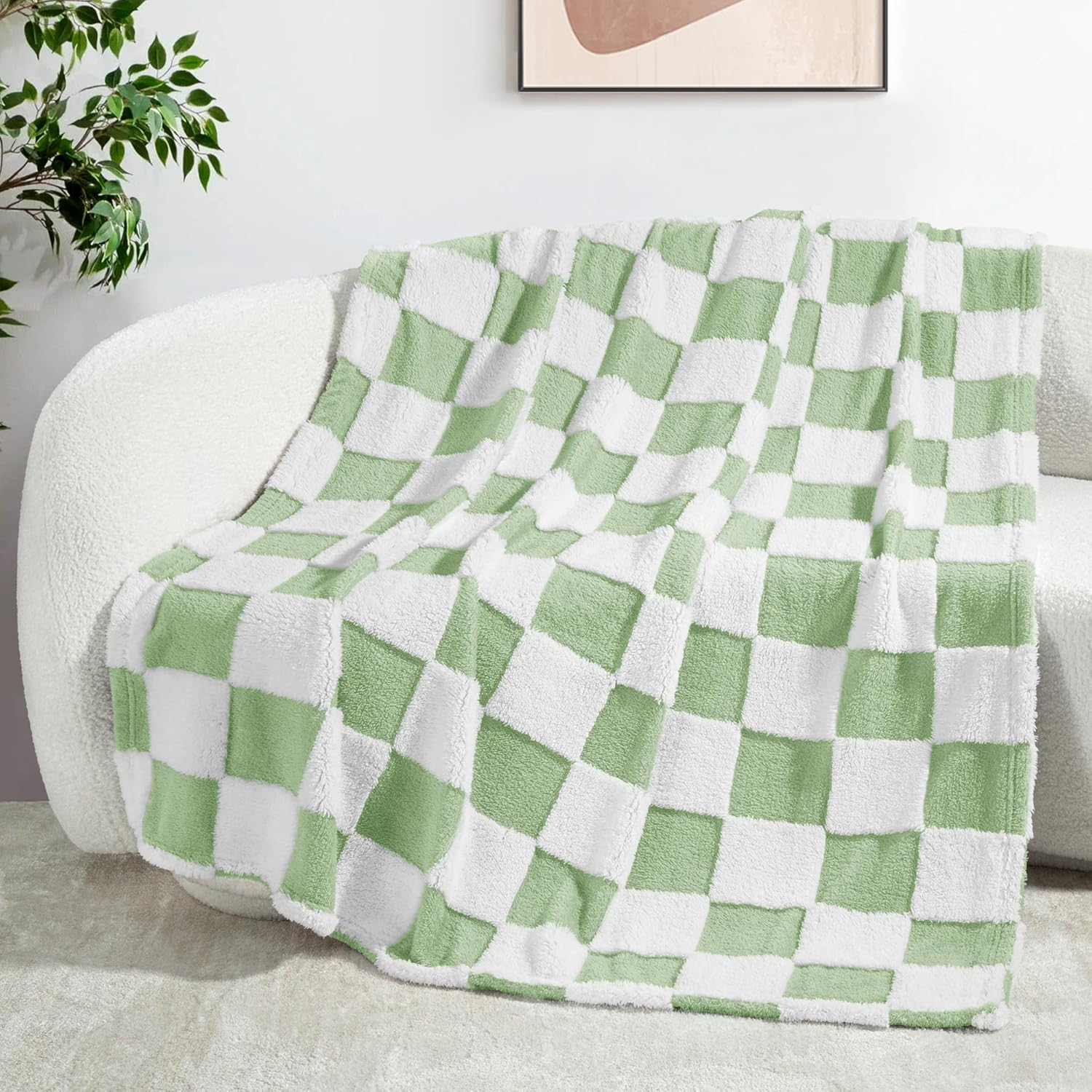 Fleece Checkered Blanket King Size, Cozy Lightweight Fuzzy Blanket for Bed, Suitable for All Seasons, Sage Green, 90" x 104"
