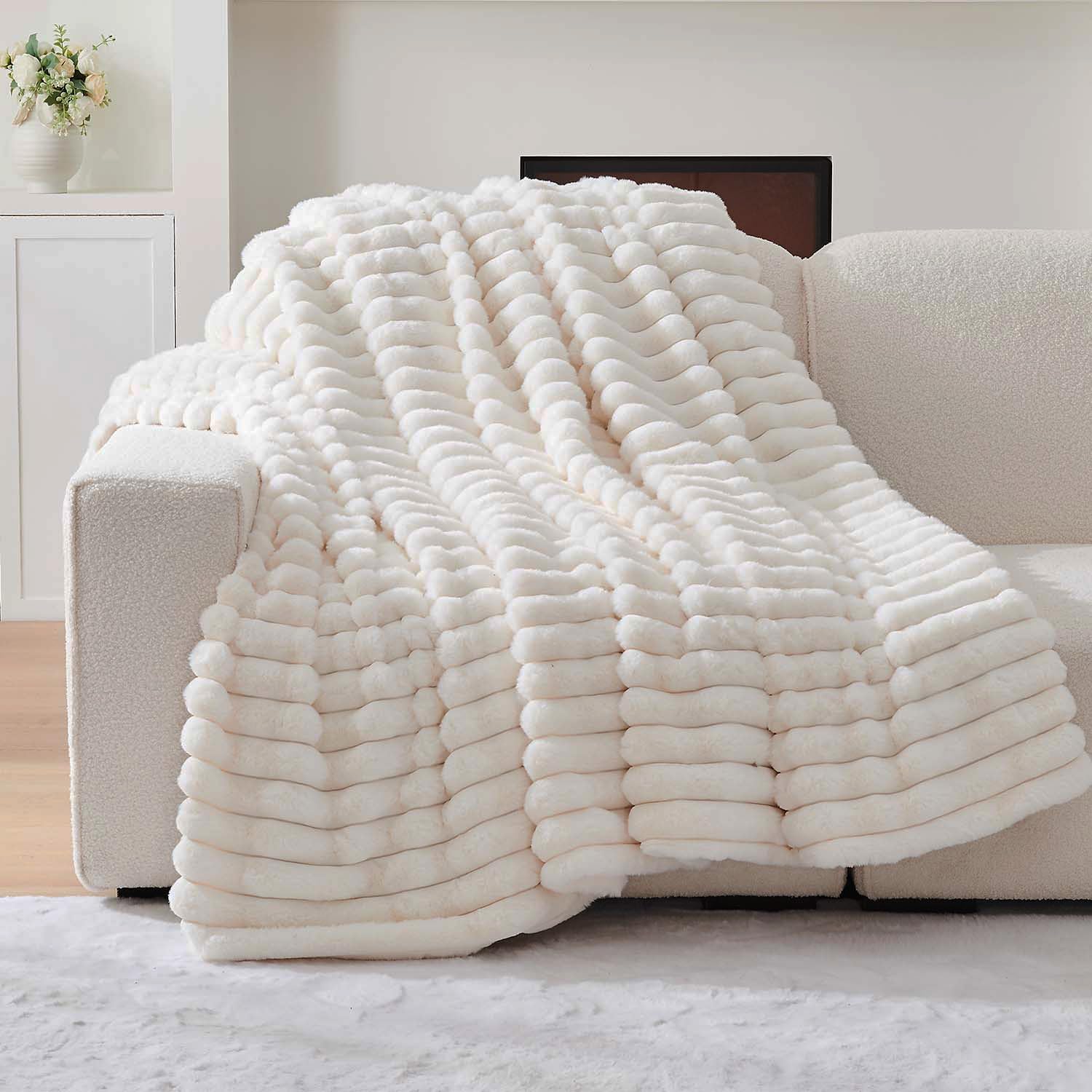 Blanket for Bed Queen Size, Cozy Soft Fluffy Fuzzy Cream White Blanket, Striped Warm Thick Furry Plush Shaggy Large Blankets for Women, 90x90 Inches