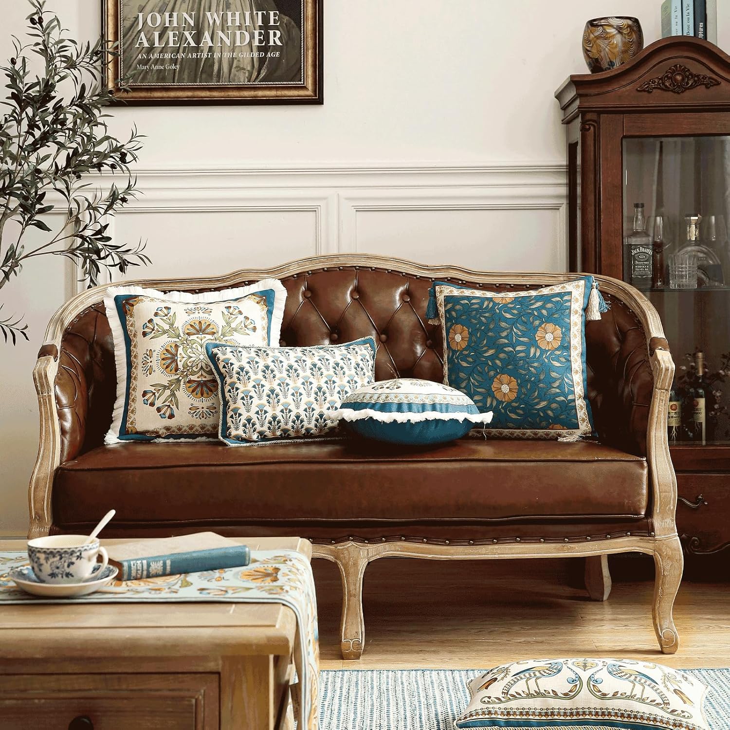 Rectangle Throw Pillow Covers Set of 2,Rustic Vintage Blue Linen with Floral Pattern Pillow Cover,Decorative Lumbar Pillowcases Cushion for Bed Living Room Outdoor Car,12"x20"