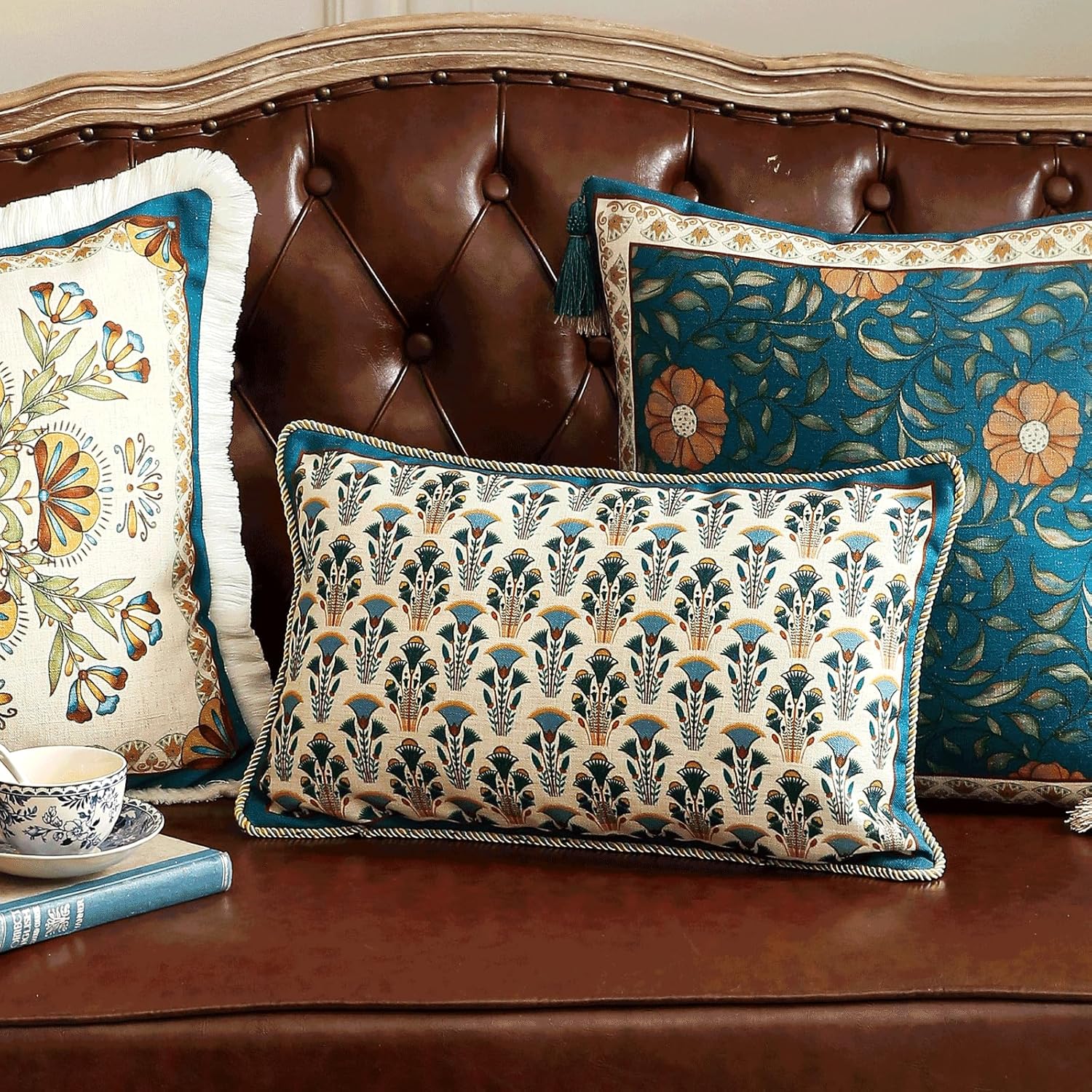 Rectangle Throw Pillow Covers Set of 2,Rustic Vintage Blue Linen with Floral Pattern Pillow Cover,Decorative Lumbar Pillowcases Cushion for Bed Living Room Outdoor Car,12"x20"