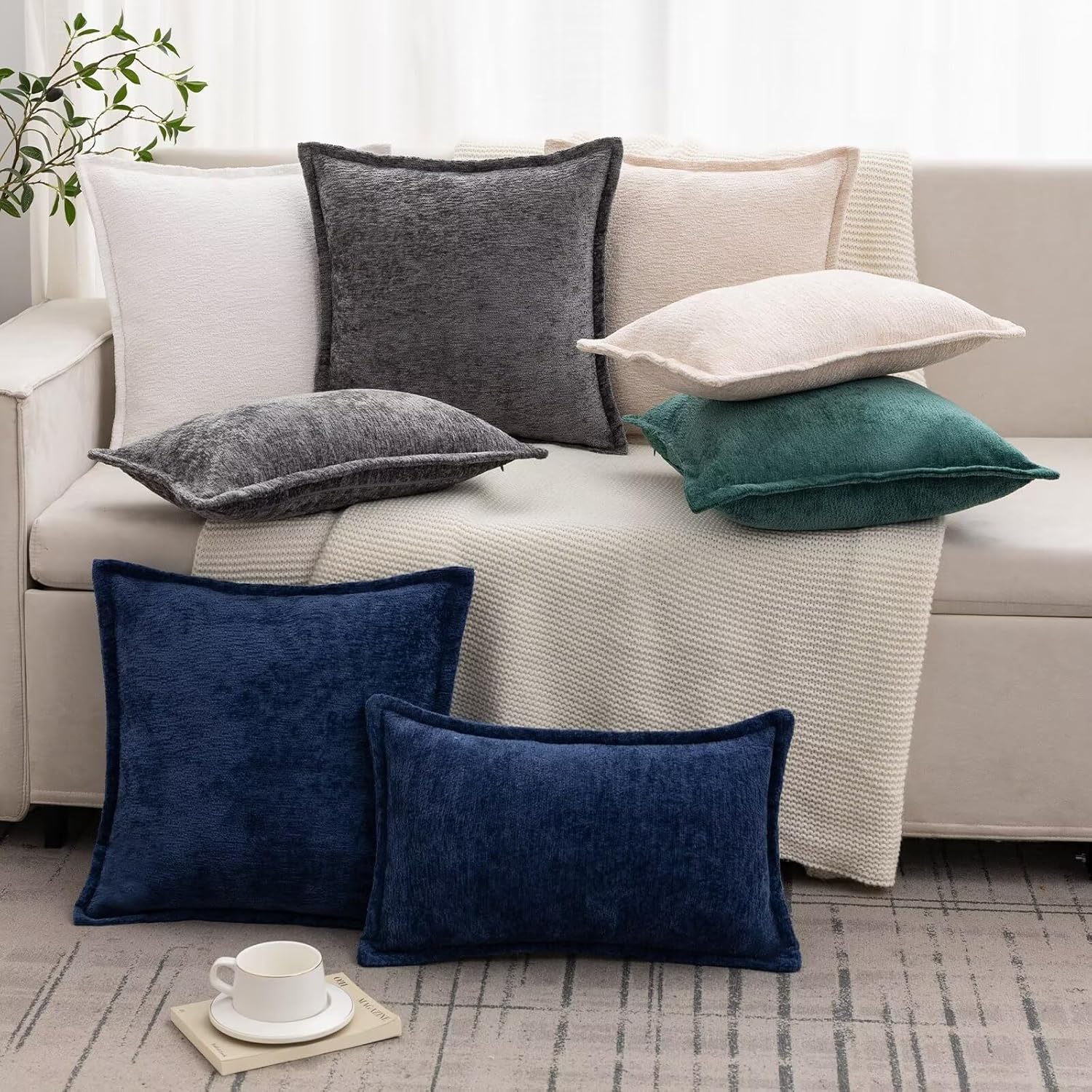 Navy Blue Decorative Throw Pillow Covers 18x18 Inch Set of 2 Cozy Soild Chenille Cushion Cases Soft Textured Square Couch Pillows Cover Boho Accent Farmhouse Pillowcases for Sofa Bed