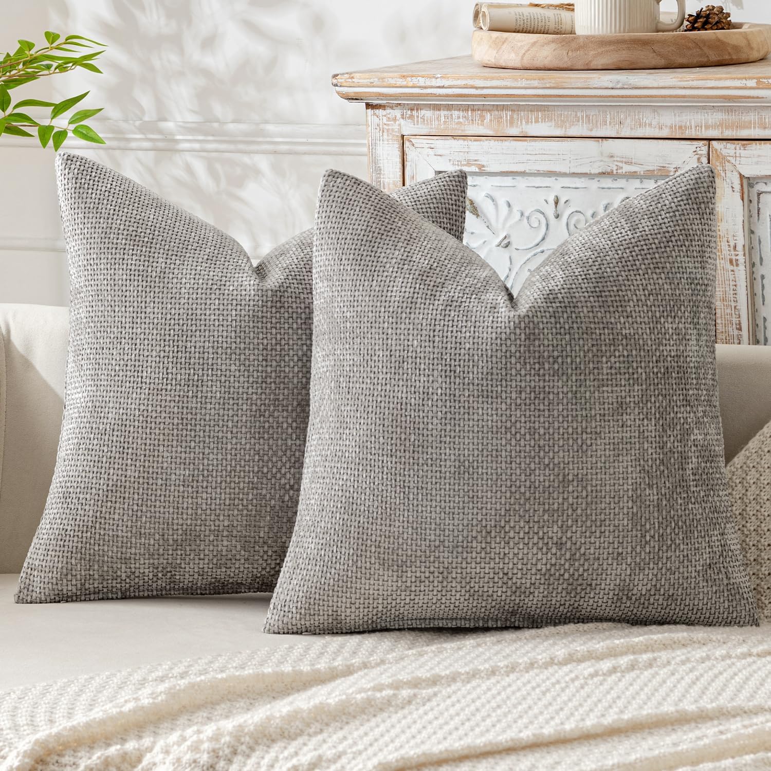 Pack of 2 Light Gray Decorative Pillow Covers 20x20 Inch Soft Chenille Couch Throw Pillows Farmhouse Cushion Covers for Home Decor Sofa Bedroom Living Room