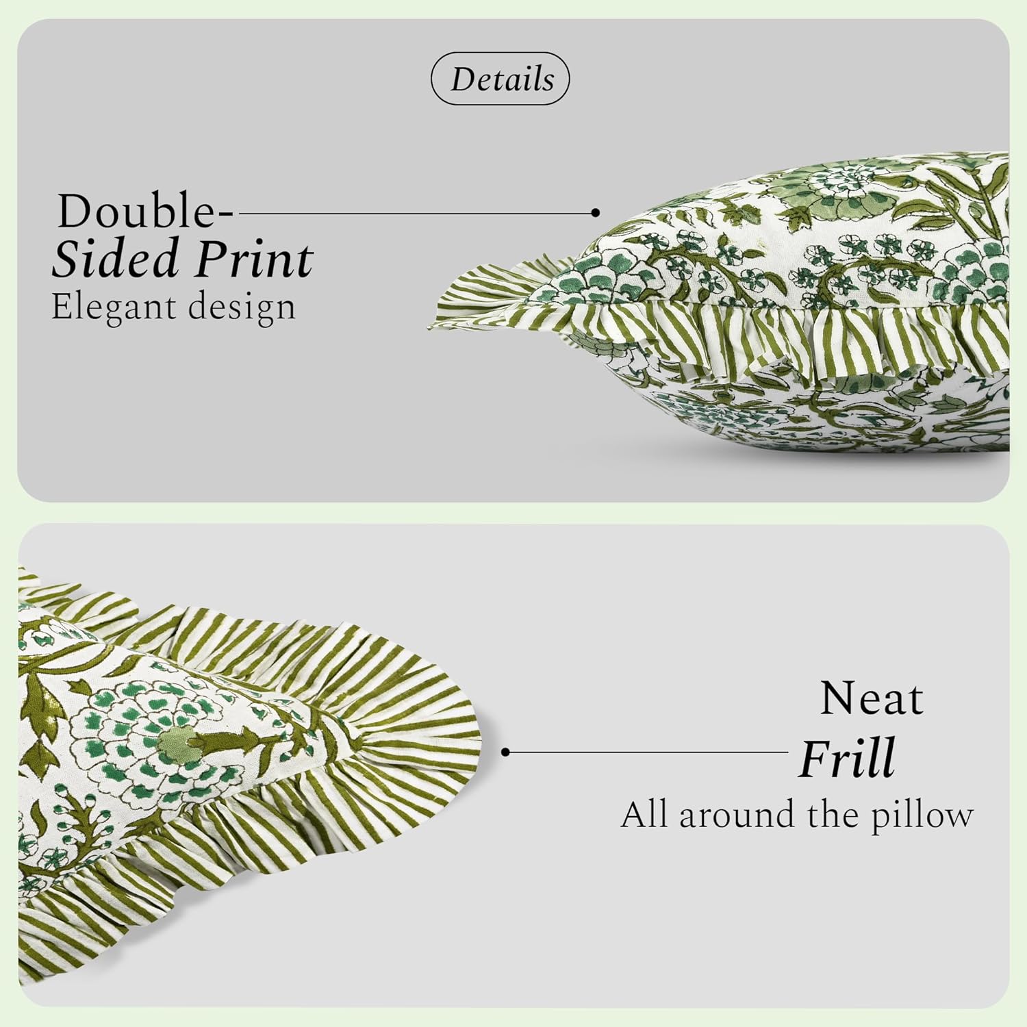 Green Ruffle Throw Pillow Covers for Couch, 20x20 Inch Cotton Stripe Ruffle Couch Pillows for Living Room, Hidden 16 Inch Zipper Boho Pillow Case or Cute Outdoor Pillows