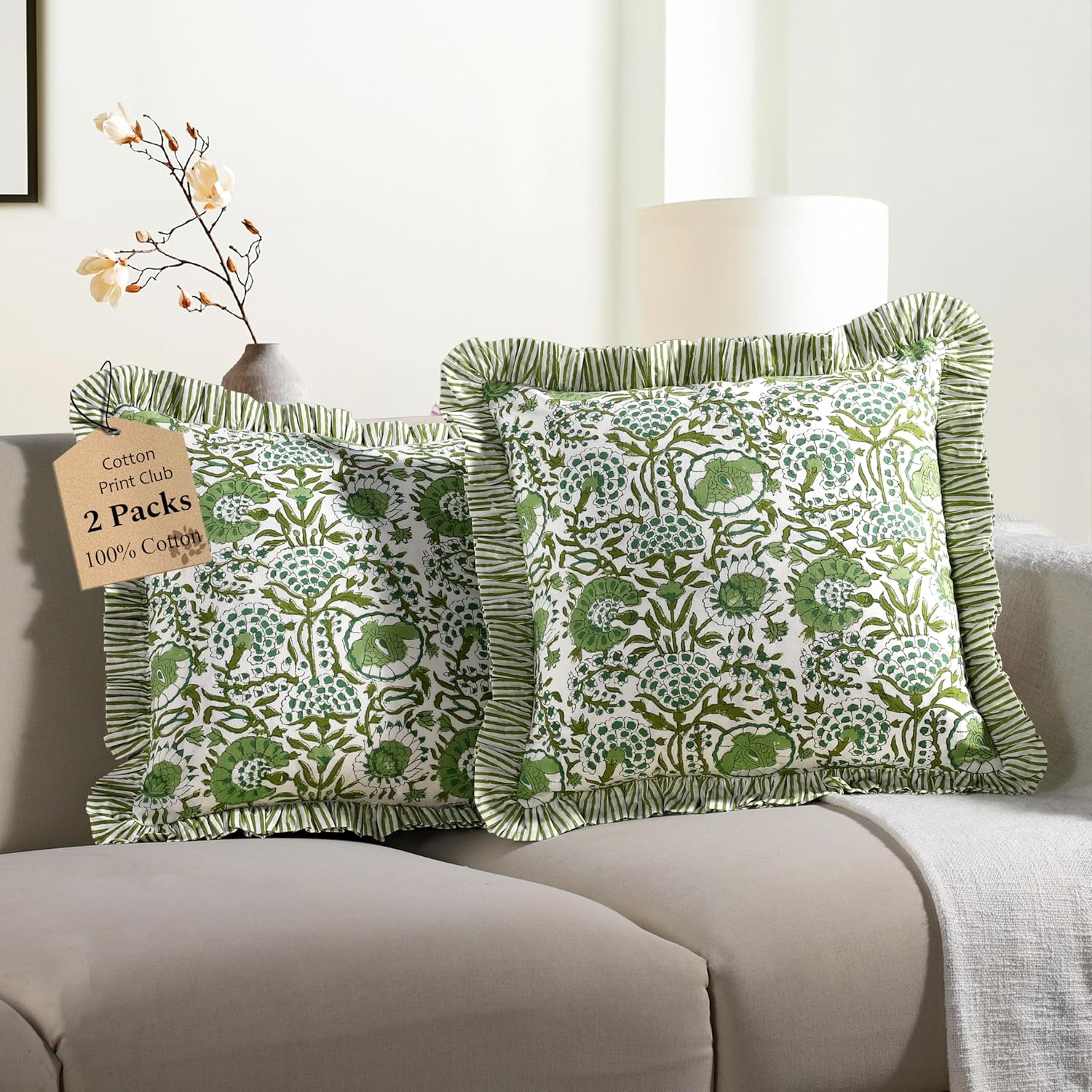 Green Ruffle Throw Pillow Covers for Couch, 20x20 Inch Cotton Stripe Ruffle Couch Pillows for Living Room, Hidden 16 Inch Zipper Boho Pillow Case or Cute Outdoor Pillows