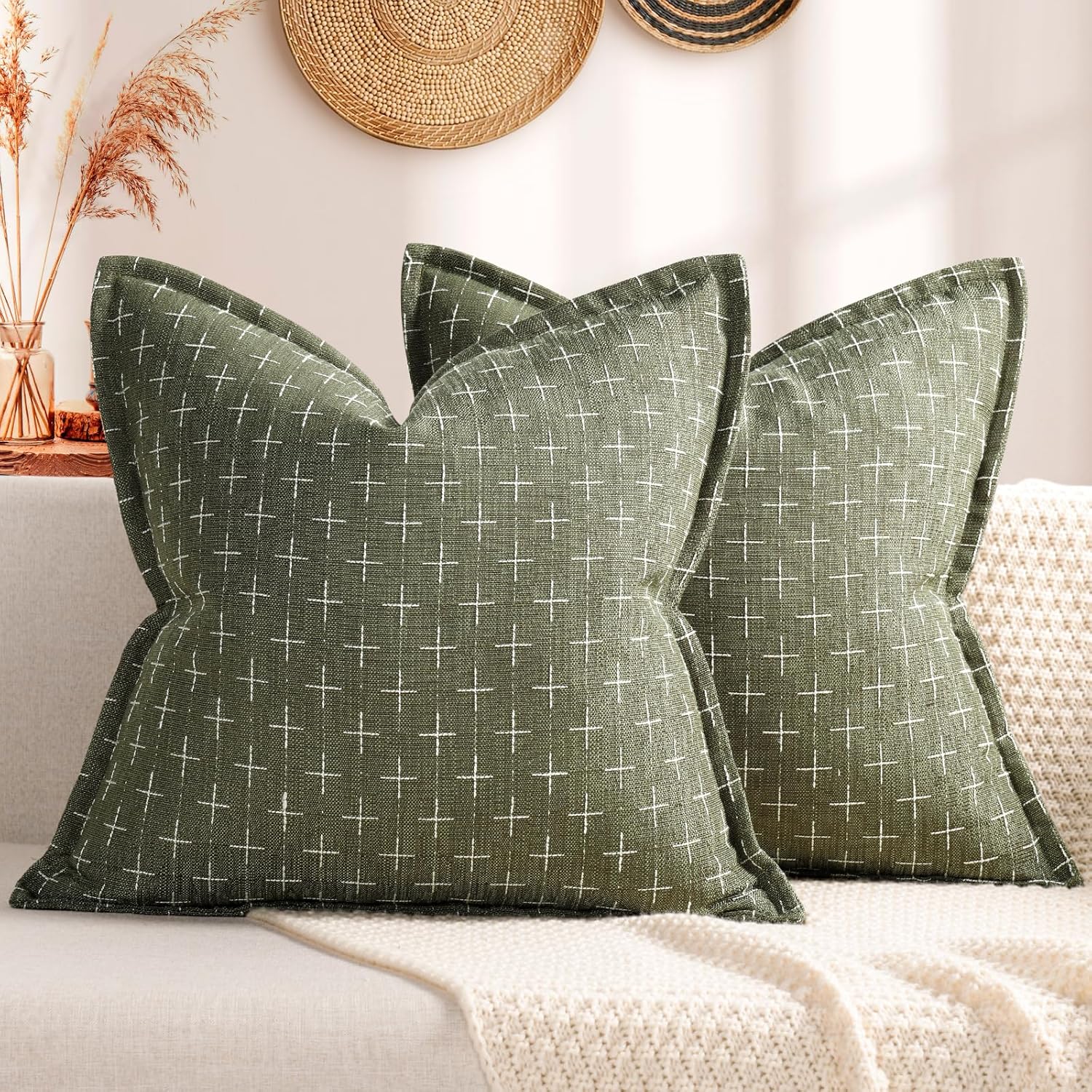 Pillow Covers 22x22 Set of 2 Soft Polyester Textured Pillow Covers with Stylish Flange Edge Cozy Farmhouse Throw Pillows for Couch Bed Sofa Living Room