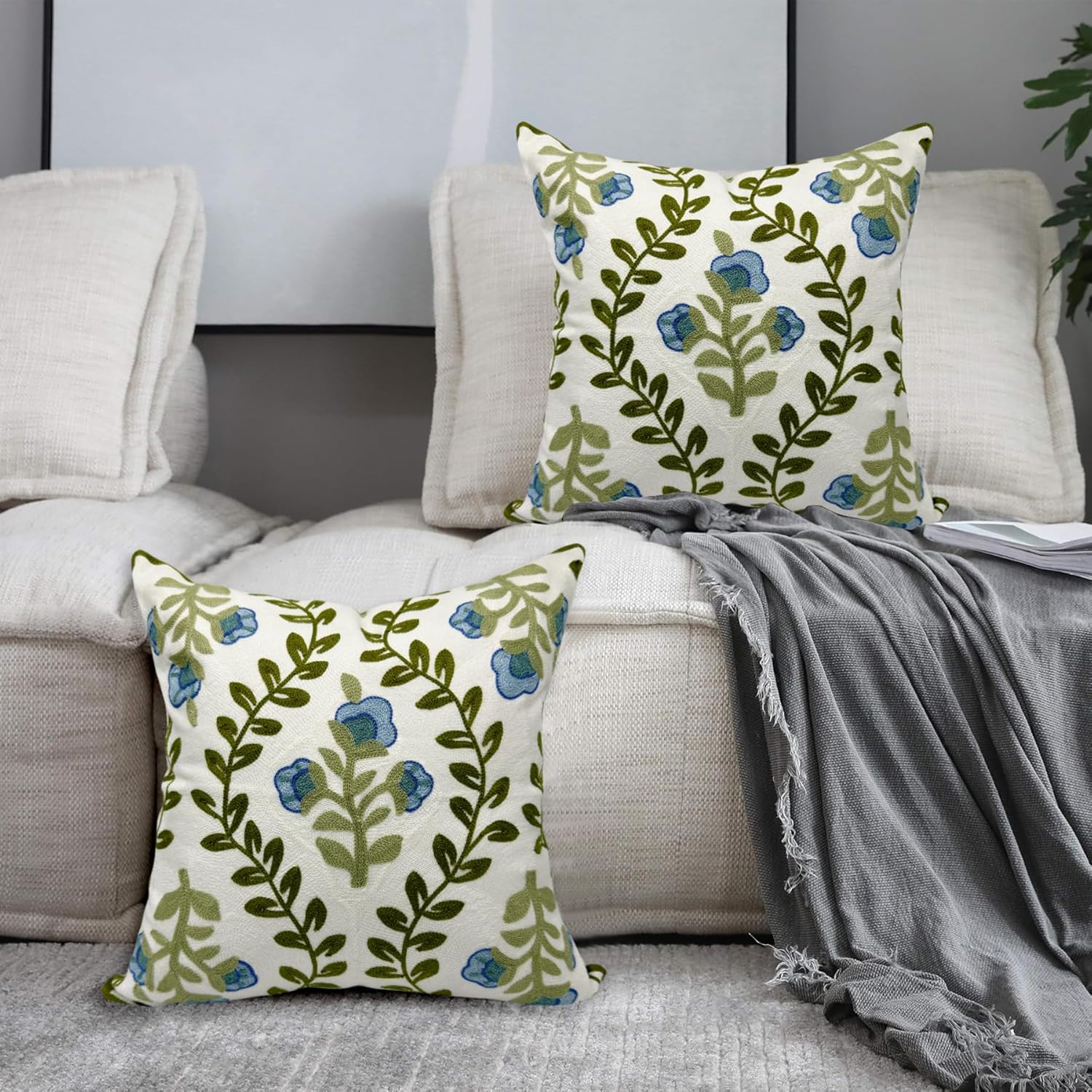 Floral Embroidered Summer Decorative Throw Pillow Covers 20"x 20" Set of 2, Farmhouse Cottage Blue Flowers Green Leaves Knit Pattern Cotton Canvas Cushion Case for Couch Bed Living Room