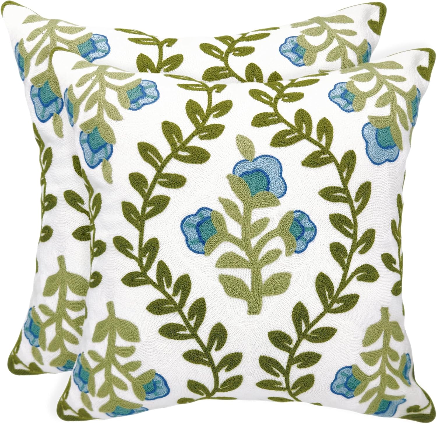 Floral Embroidered Summer Decorative Throw Pillow Covers 20"x 20" Set of 2, Farmhouse Cottage Blue Flowers Green Leaves Knit Pattern Cotton Canvas Cushion Case for Couch Bed Living Room