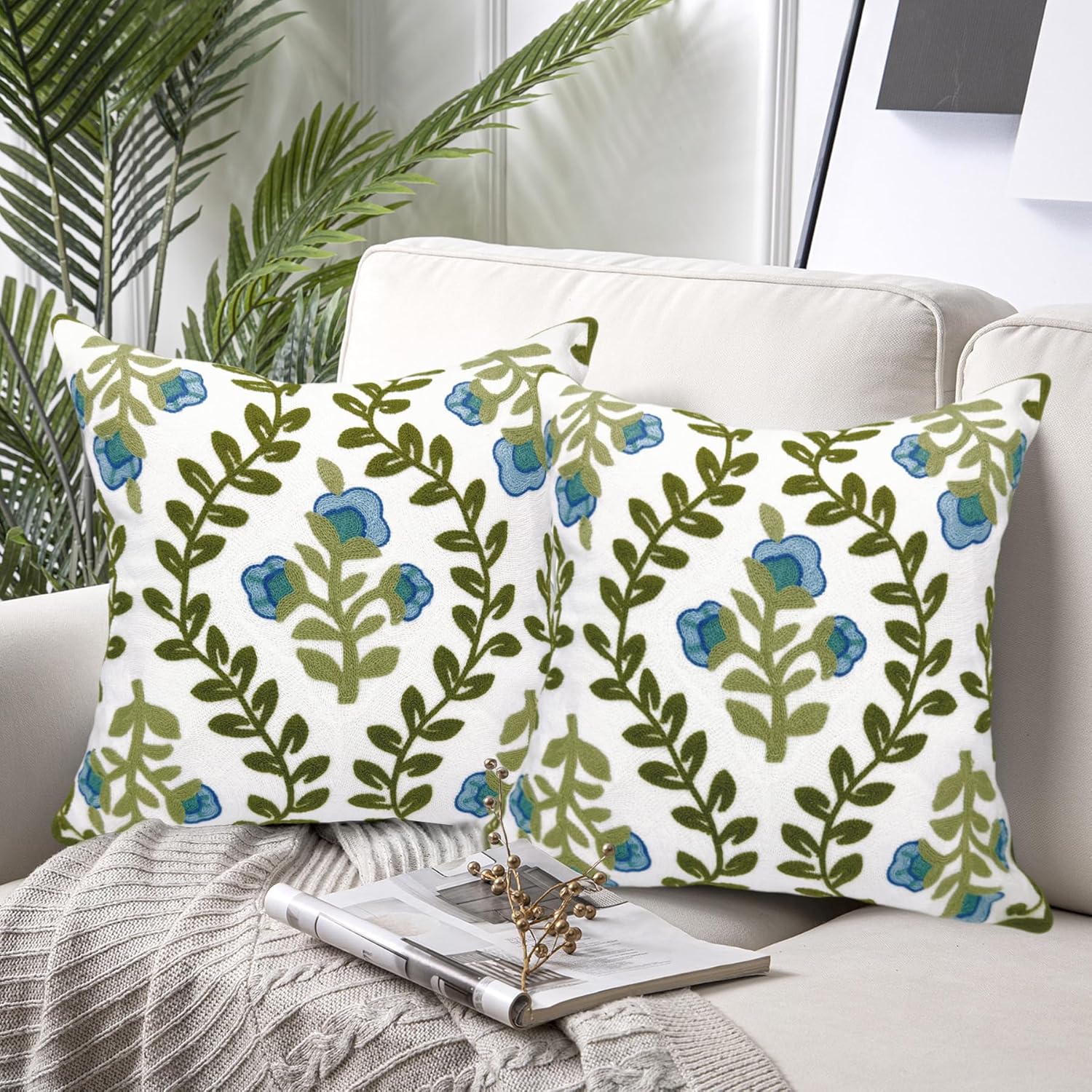 Floral Embroidered Summer Decorative Throw Pillow Covers 20"x 20" Set of 2, Farmhouse Cottage Blue Flowers Green Leaves Knit Pattern Cotton Canvas Cushion Case for Couch Bed Living Room
