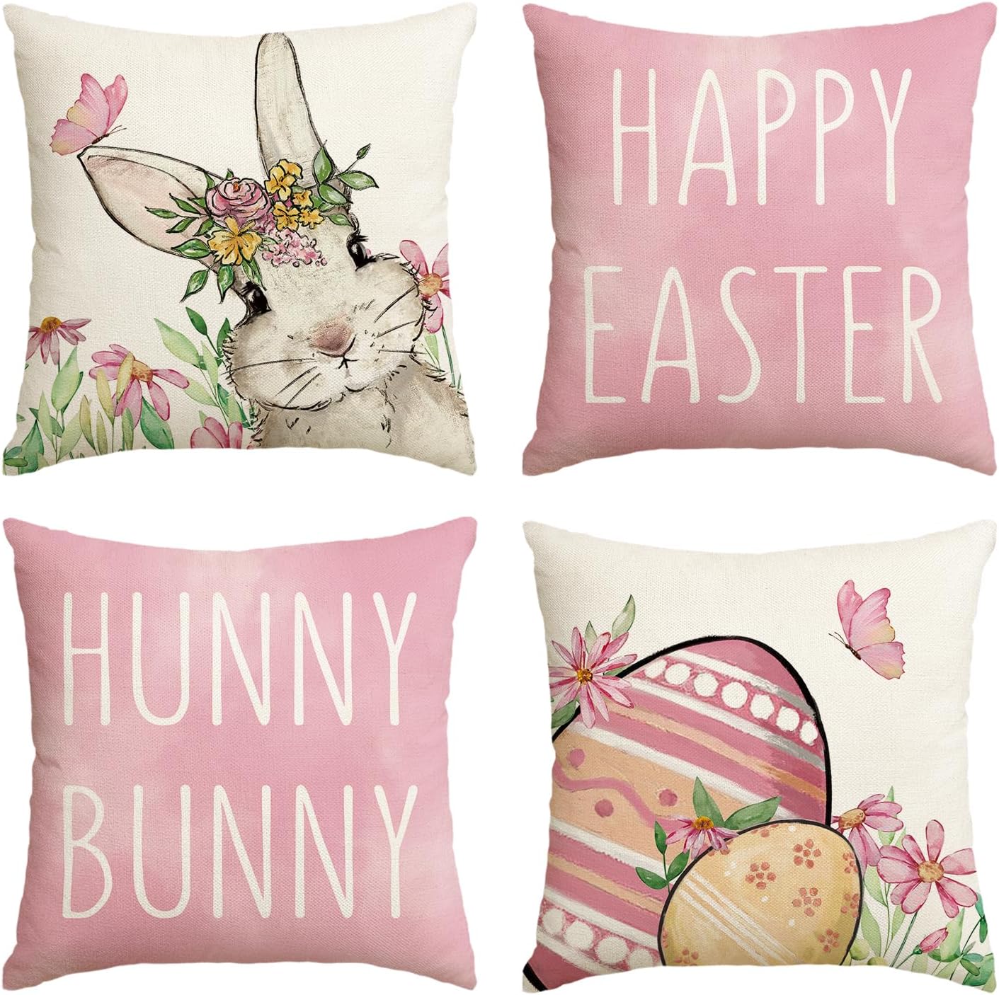 Hunny Bunny Pink Throw Pillow Covers, 20 x 20 Inch Easter Eggs Bunny Spring Cushion Case for Sofa Couch Set of 4