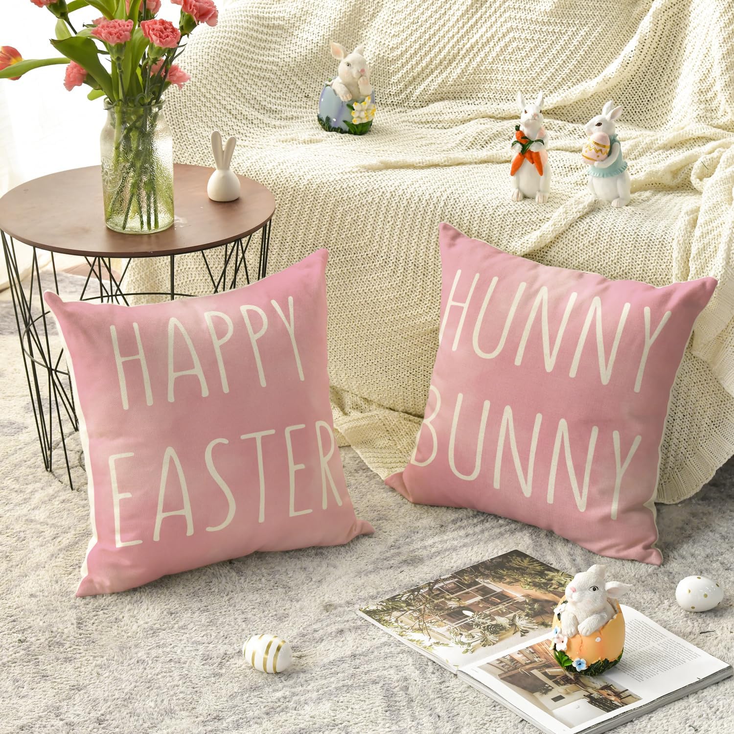 Hunny Bunny Pink Throw Pillow Covers, 20 x 20 Inch Easter Eggs Bunny Spring Cushion Case for Sofa Couch Set of 4