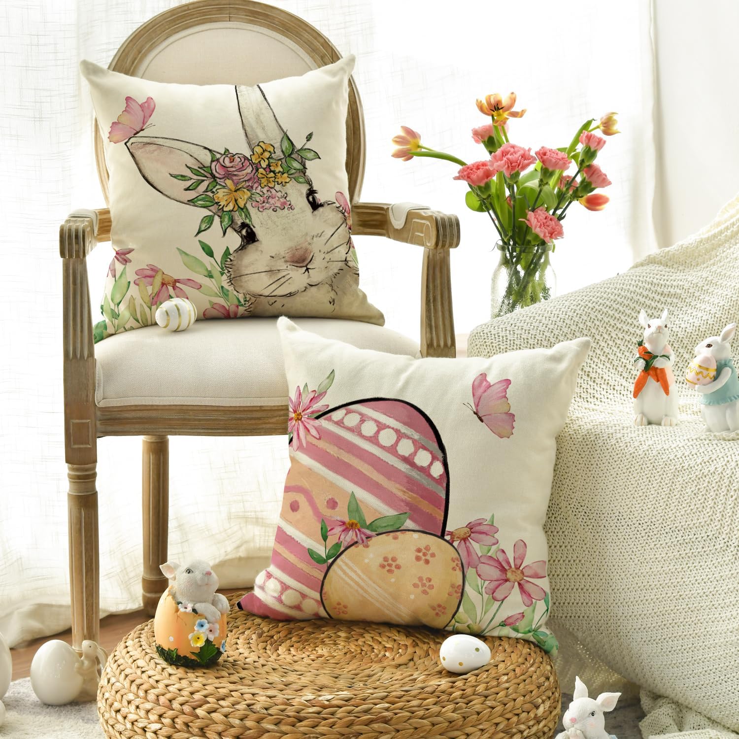 Hunny Bunny Pink Throw Pillow Covers, 20 x 20 Inch Easter Eggs Bunny Spring Cushion Case for Sofa Couch Set of 4