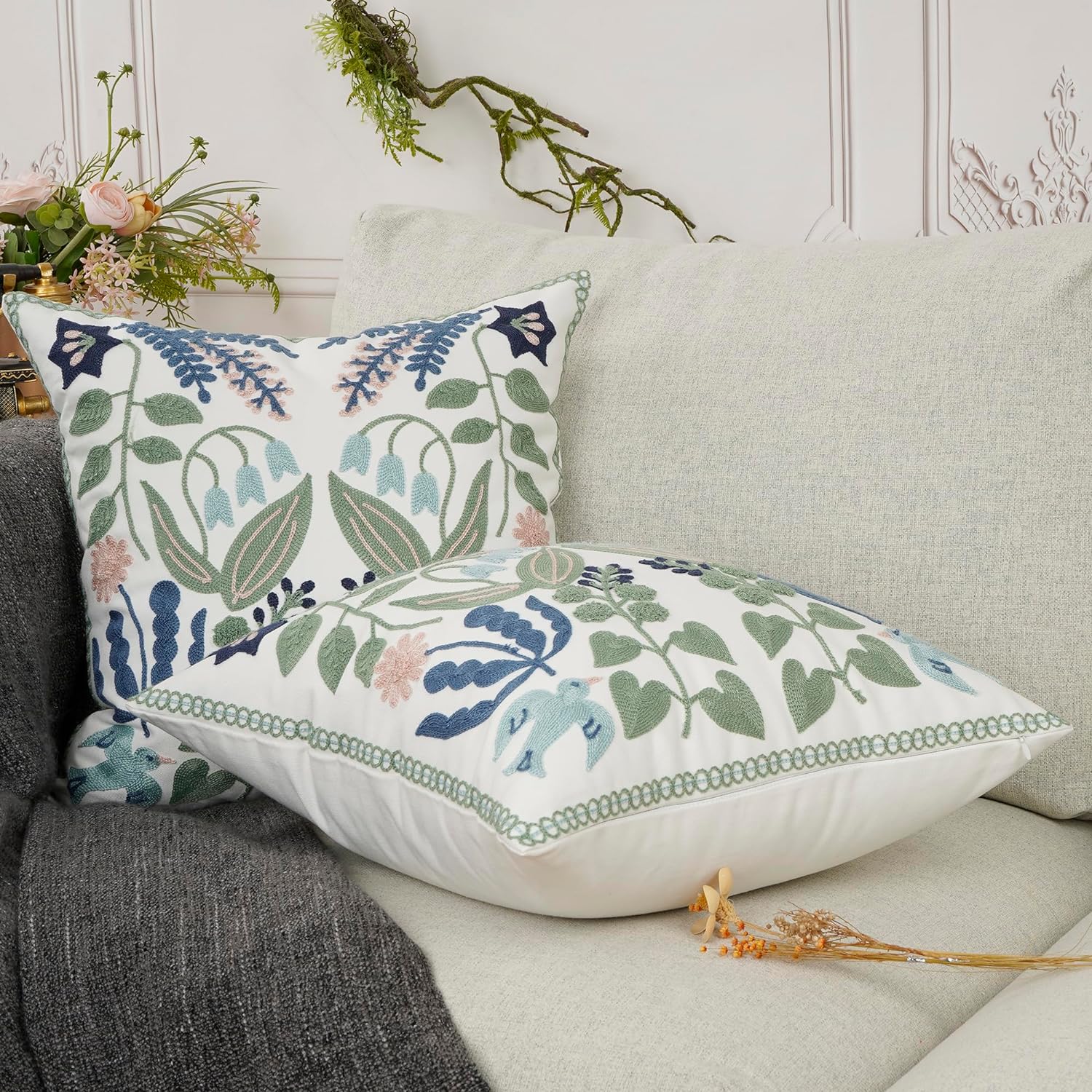 Pack of 2 Embroidered Decorative Throw Pillow Cover 18x18 Inch Farmhouse Floral Floor Pillowcase for Couch Living Room Sofa Bed,Tropical Green Leaves