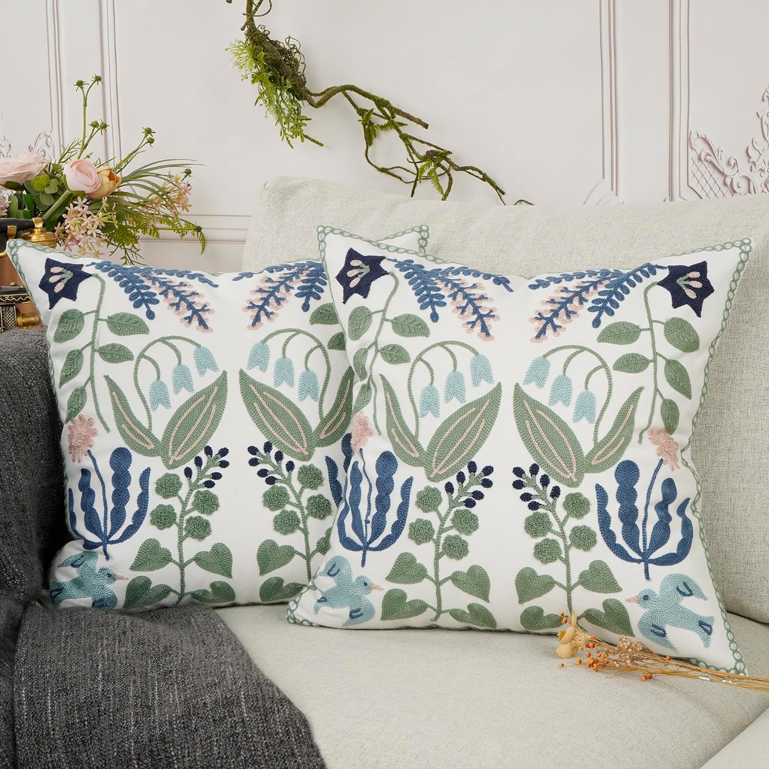 Pack of 2 Embroidered Decorative Throw Pillow Cover 18x18 Inch Farmhouse Floral Floor Pillowcase for Couch Living Room Sofa Bed,Tropical Green Leaves