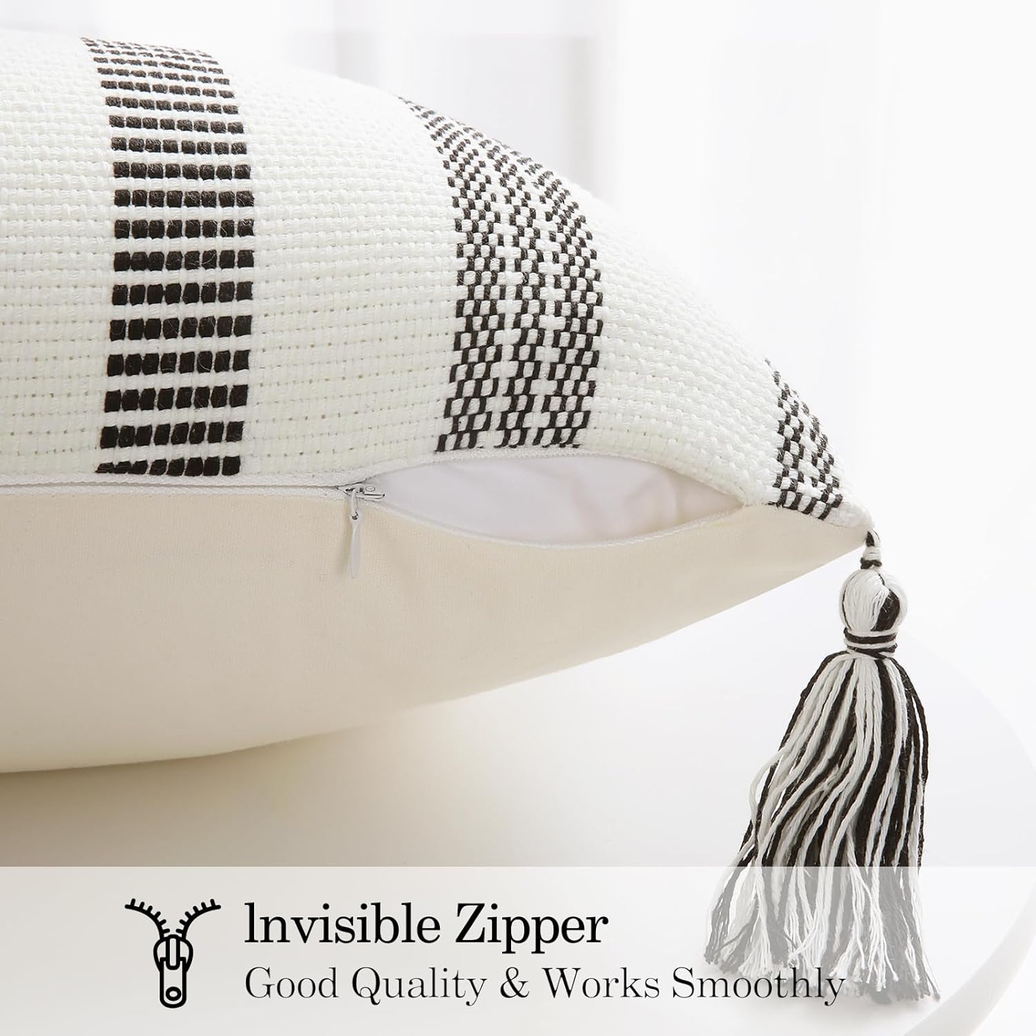 Spring Boho Outdoor Throw Pillow Covers Set of 2, Decorative Woven Striped Pillow Covers with Tassels for Couch Bed Sofa, 18x18 Inch, Black and Cream White