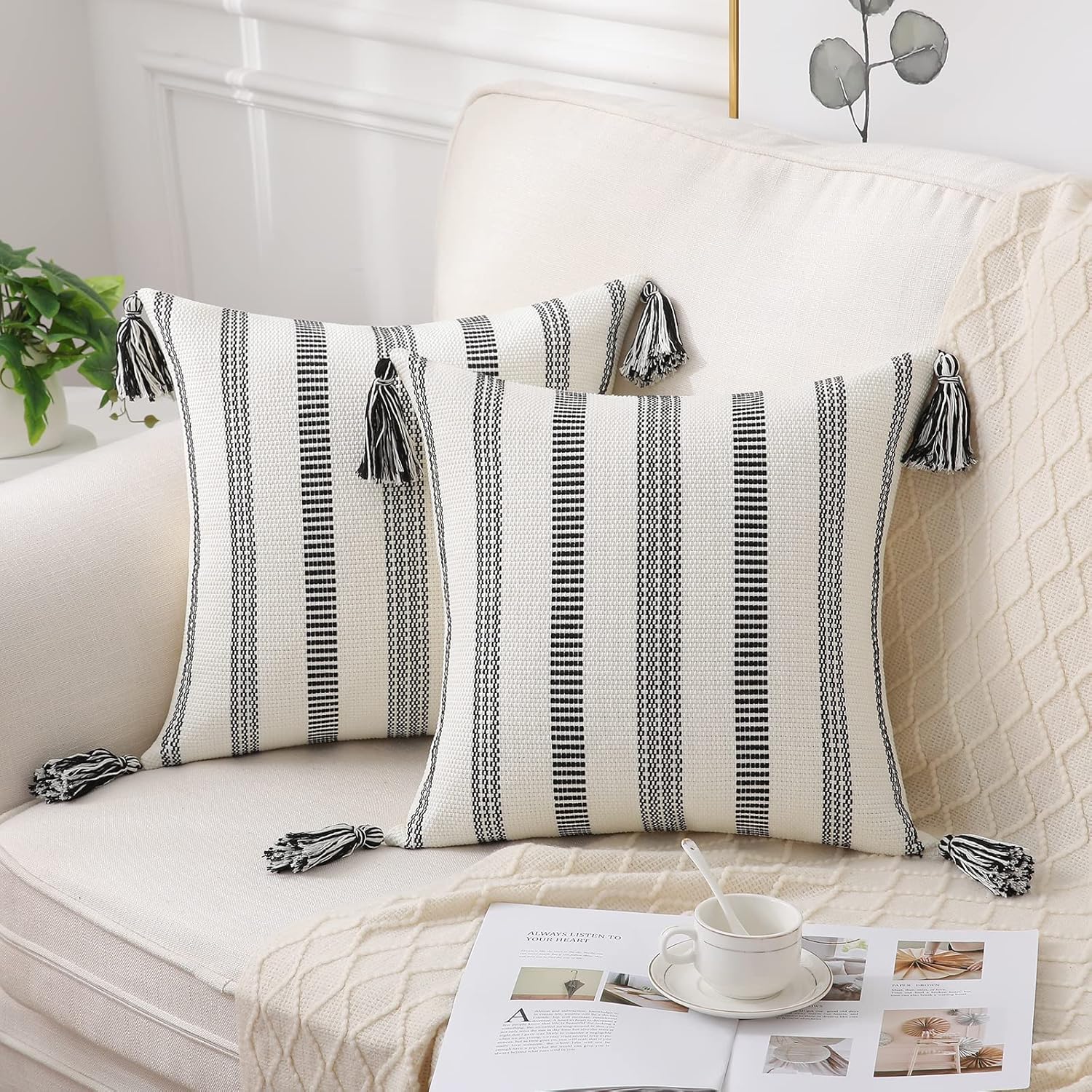 Spring Boho Outdoor Throw Pillow Covers Set of 2, Decorative Woven Striped Pillow Covers with Tassels for Couch Bed Sofa, 18x18 Inch, Black and Cream White