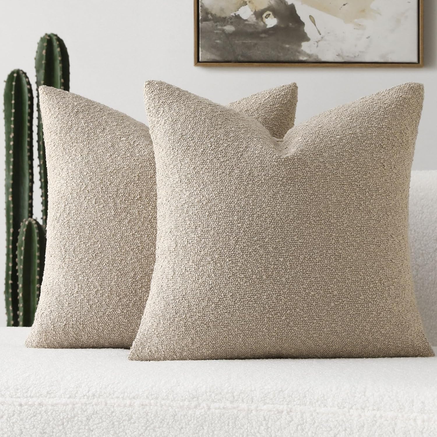 Pack of 2 Oatmeal Boucle Accent Decorative Throw Pillow Covers,18x18 Inch Soft Solid Textured Cushion Case,Home Decor for Couch Bed Living Room