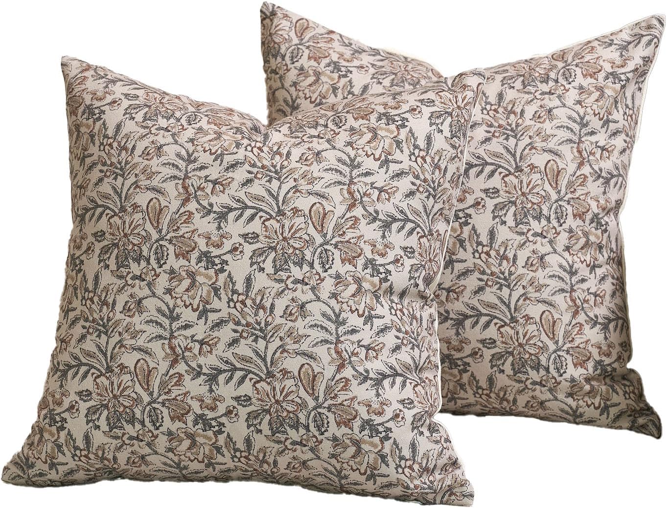 Floral Throw Pillow Covers 18x18 Set of 2 Couch Pillows for Living Room Farmhouse Vintage Block Print Pillow Covers Decorative Pillow Covers Accent Sofa Pillows, Green/Sand