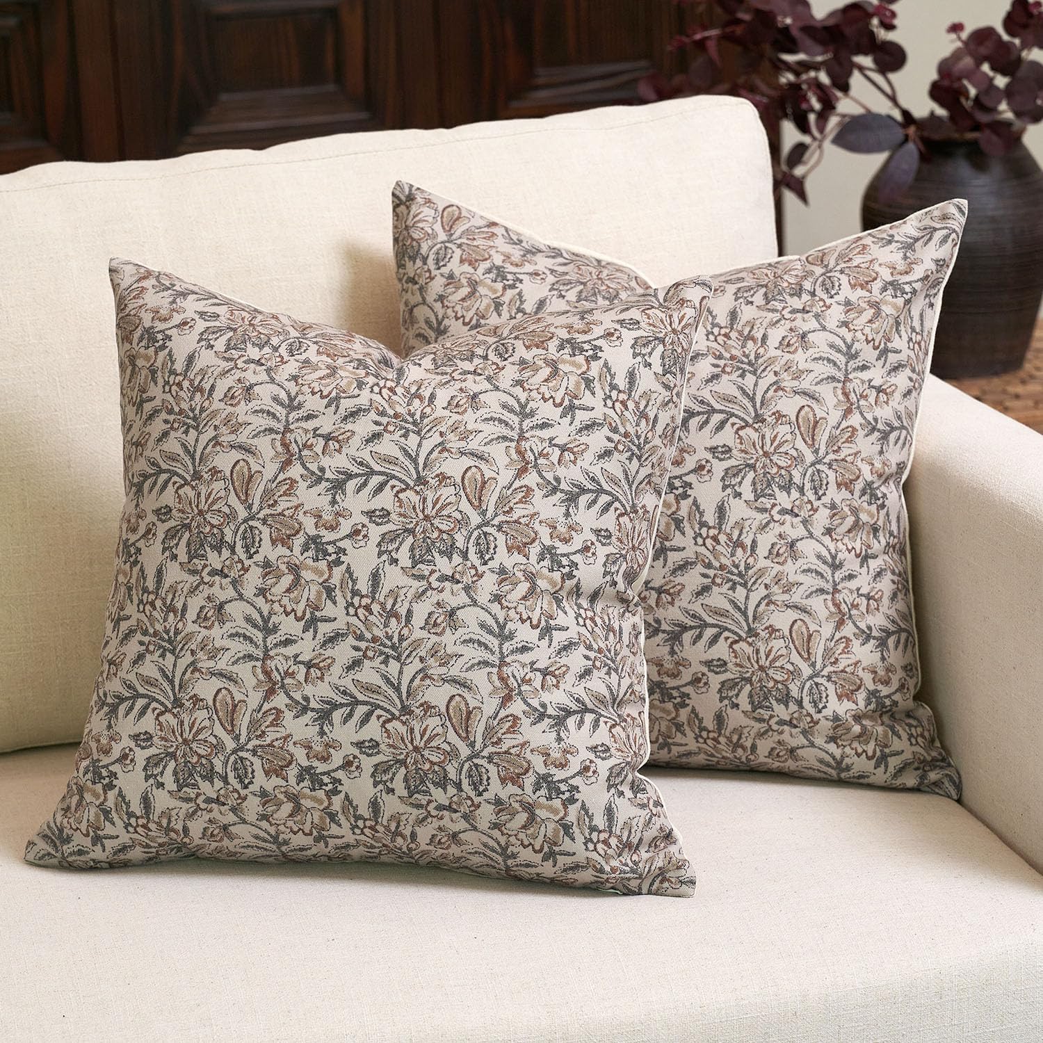 Floral Throw Pillow Covers 18x18 Set of 2 Couch Pillows for Living Room Farmhouse Vintage Block Print Pillow Covers Decorative Pillow Covers Accent Sofa Pillows, Green/Sand
