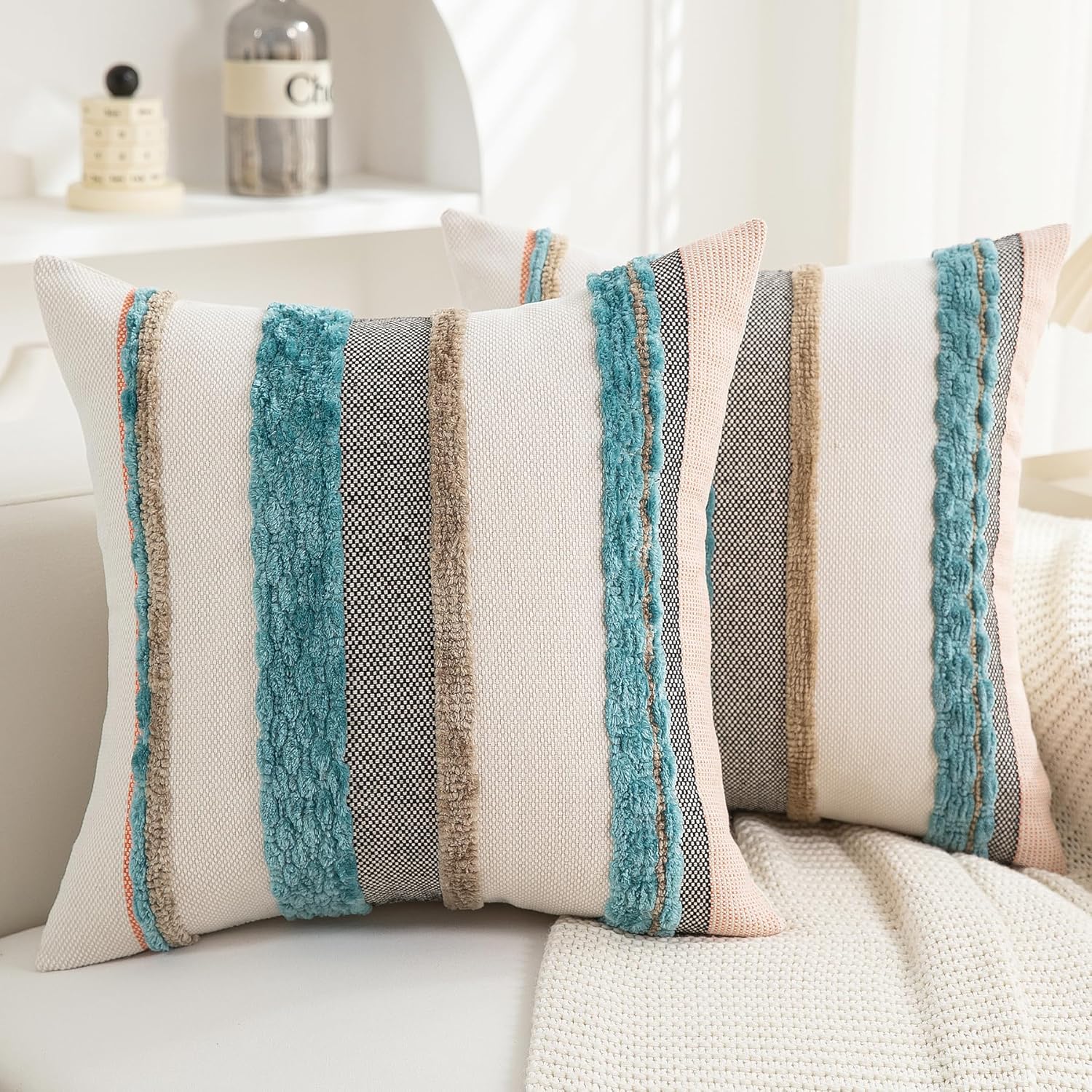 Boho Pillow Covers 18x18 Set of 2 for Couch-Modern Farmhouse Sofa Decorative Teal Throw Pillow Covers Textured Chenille Cushion Covers Outdoor Netural Bohemian Pillow Cases Square