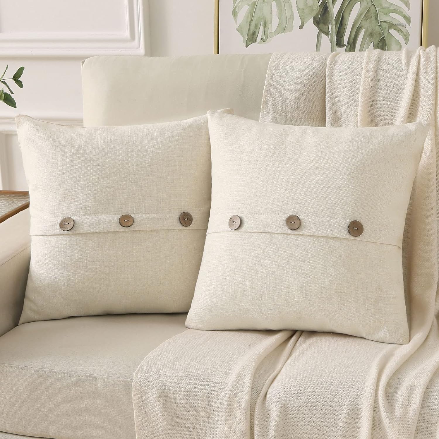 Cream White Linen Decorative Throw Pillow Covers 20x20 Inch Set of 2,Square Cushion Case with 3 Vintage Buttons,Modern Farmhouse Home Decor for Couch,Bed