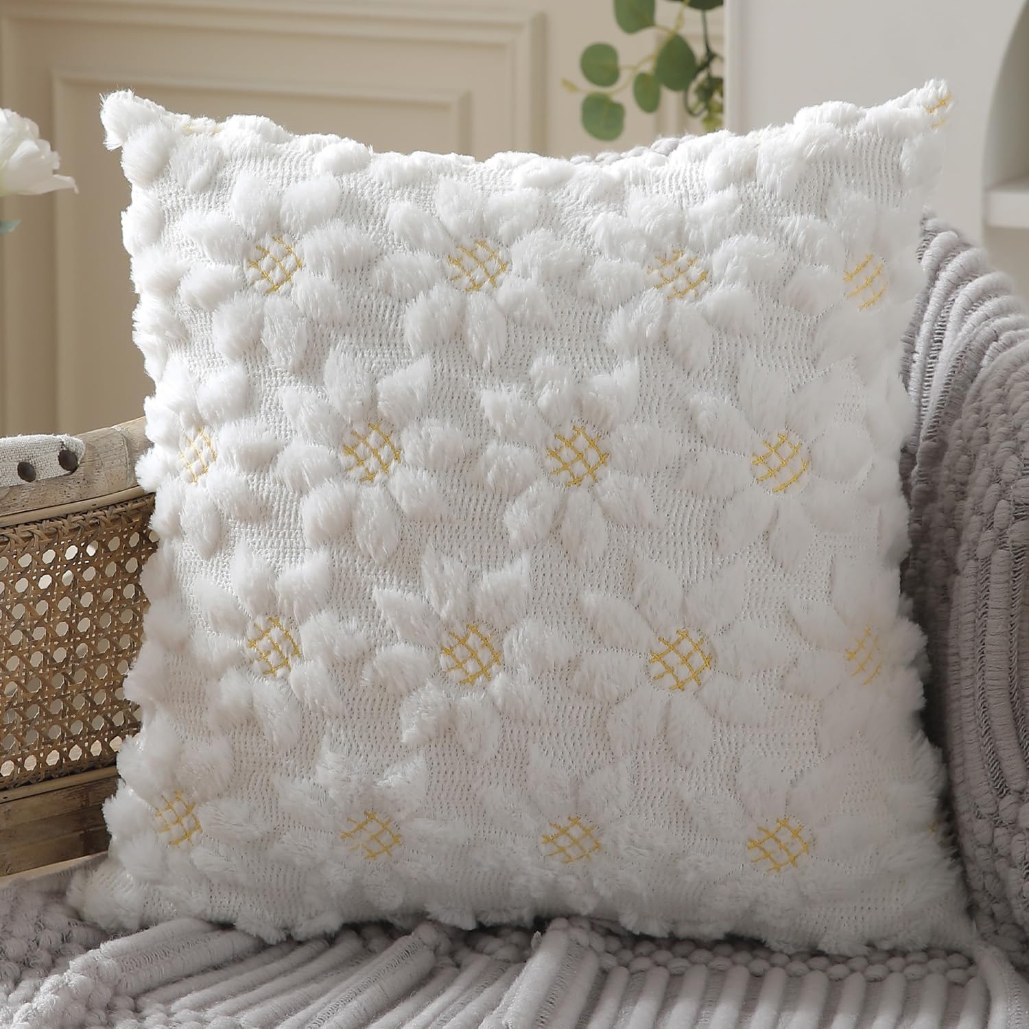 Spring Summer Pillow Covers 20x20 inch Set of 2 Farmhouse Decor Yellow Color Flower Heart Sunflower Soft Plush Faux Fur Jacquard Throw Pillows for Sofa Holiday Spring Home Decor