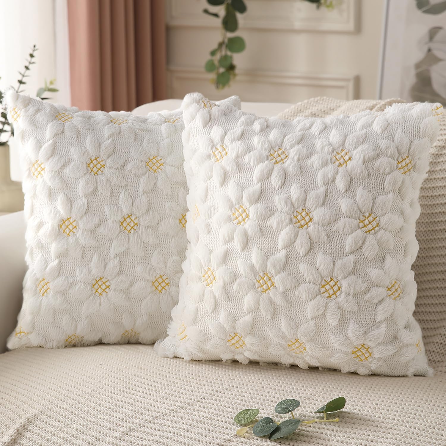 Spring Summer Pillow Covers 20x20 inch Set of 2 Farmhouse Decor Yellow Color Flower Heart Sunflower Soft Plush Faux Fur Jacquard Throw Pillows for Sofa Holiday Spring Home Decor