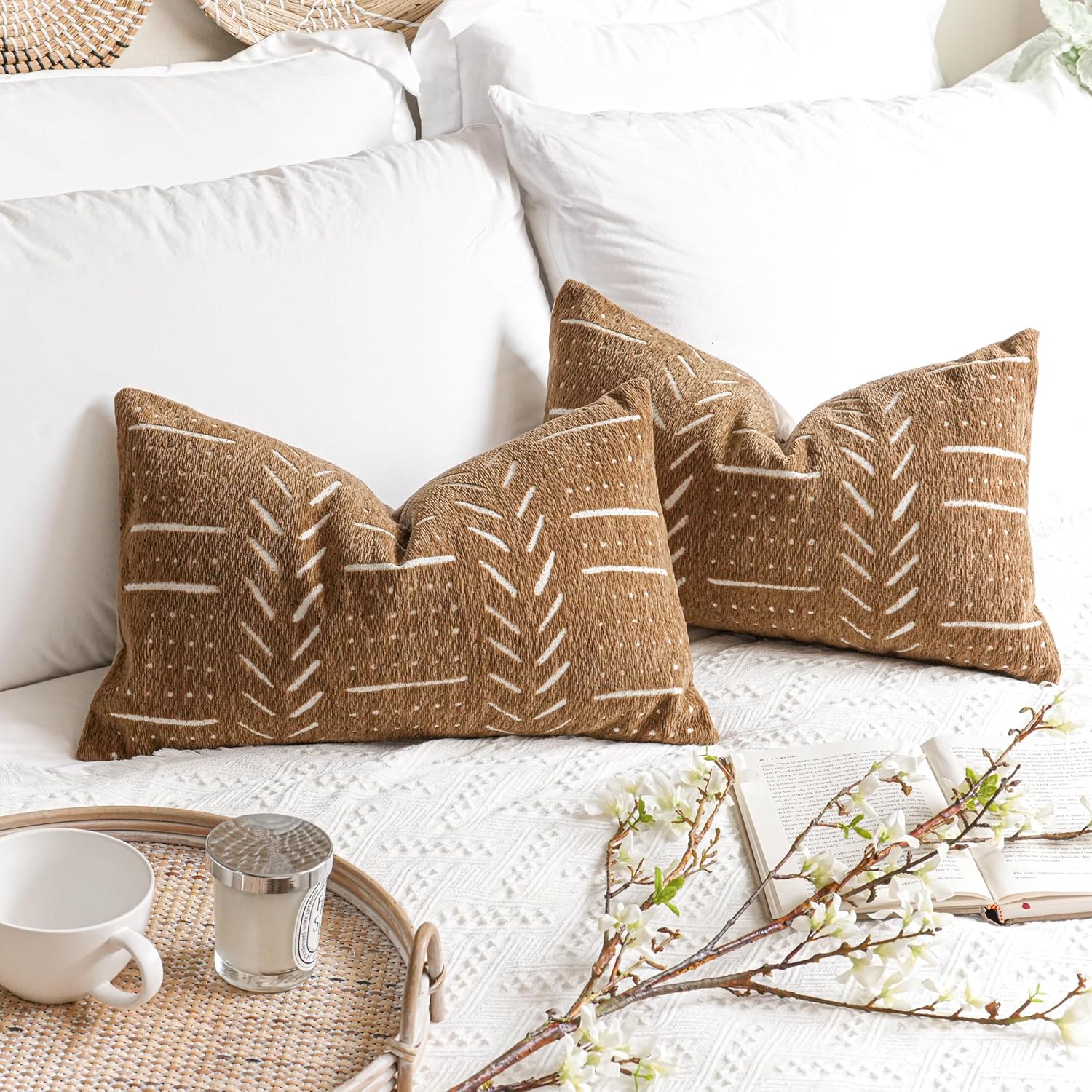 Brown Decorative Lumbar Throw Pillow Covers 12X20, Set of 2, Boho Farmhouse Cushion Cover, Soft Accent Pillowcase for Couch Sofa Bed Living Room Home Décor