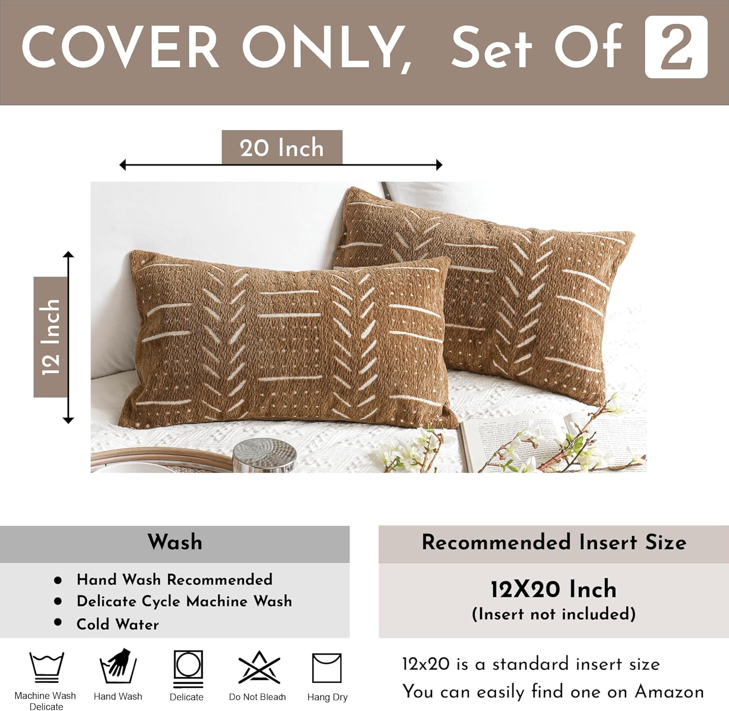 Brown Decorative Lumbar Throw Pillow Covers 12X20, Set of 2, Boho Farmhouse Cushion Cover, Soft Accent Pillowcase for Couch Sofa Bed Living Room Home Décor