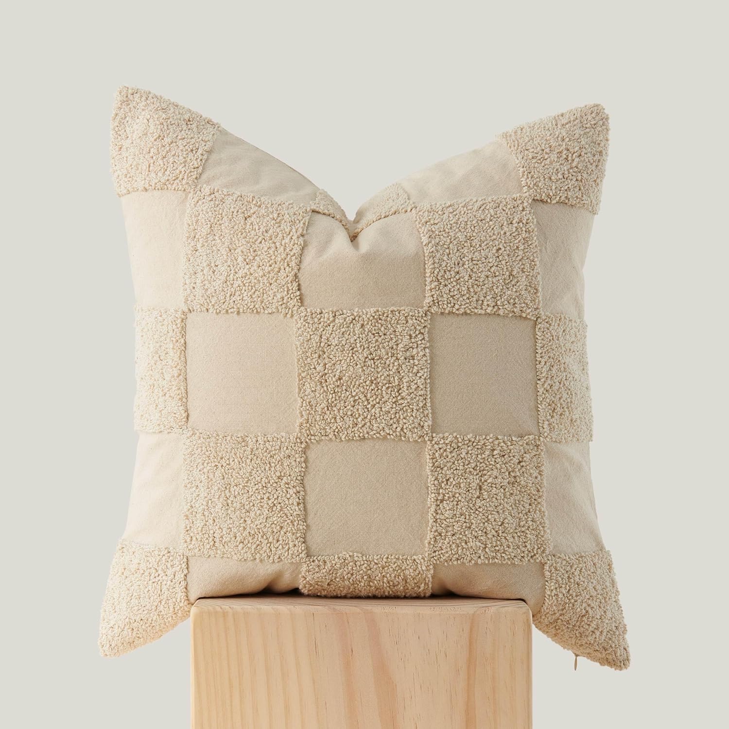 100% Cotton Throw Pillow Covers - Checkered Tufted Boho Decorative Pillow Covers 20x20, Made in India, Square Cushion Case, Modern Home Decor for Couch, Sofa, Living Room, Oat