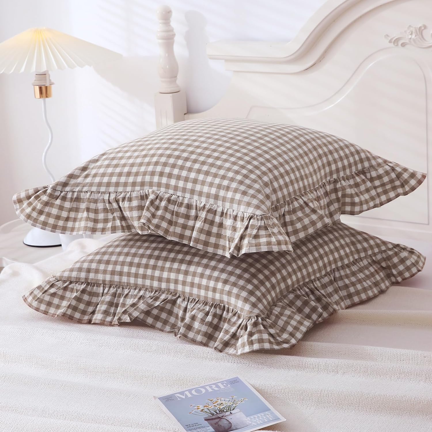 Decorative Throw Pillow Covers for Couch 20"x20",2 Pack Vintage Checkered Washed Cotton Pillowcases for Bed, Sofa, Living Room