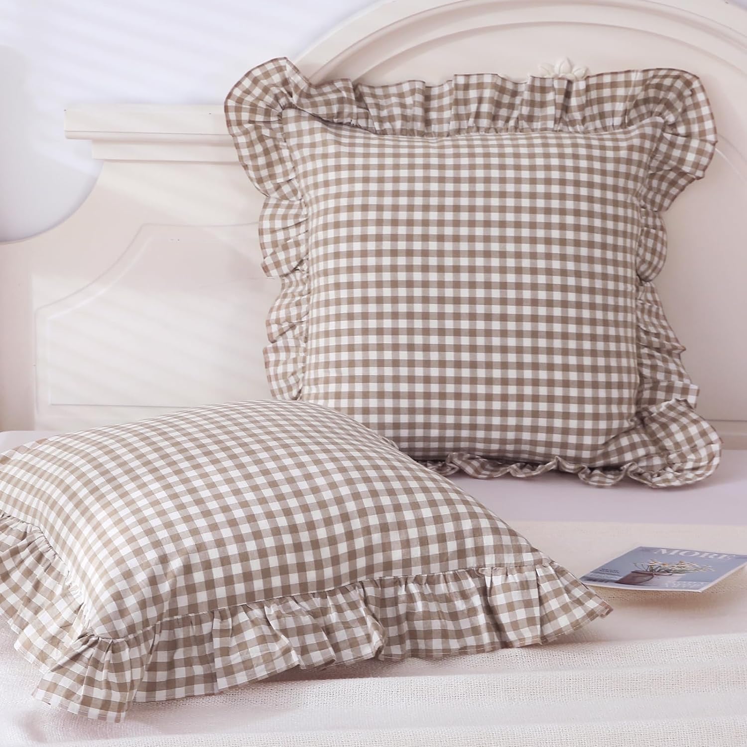 Decorative Throw Pillow Covers for Couch 20"x20",2 Pack Vintage Checkered Washed Cotton Pillowcases for Bed, Sofa, Living Room
