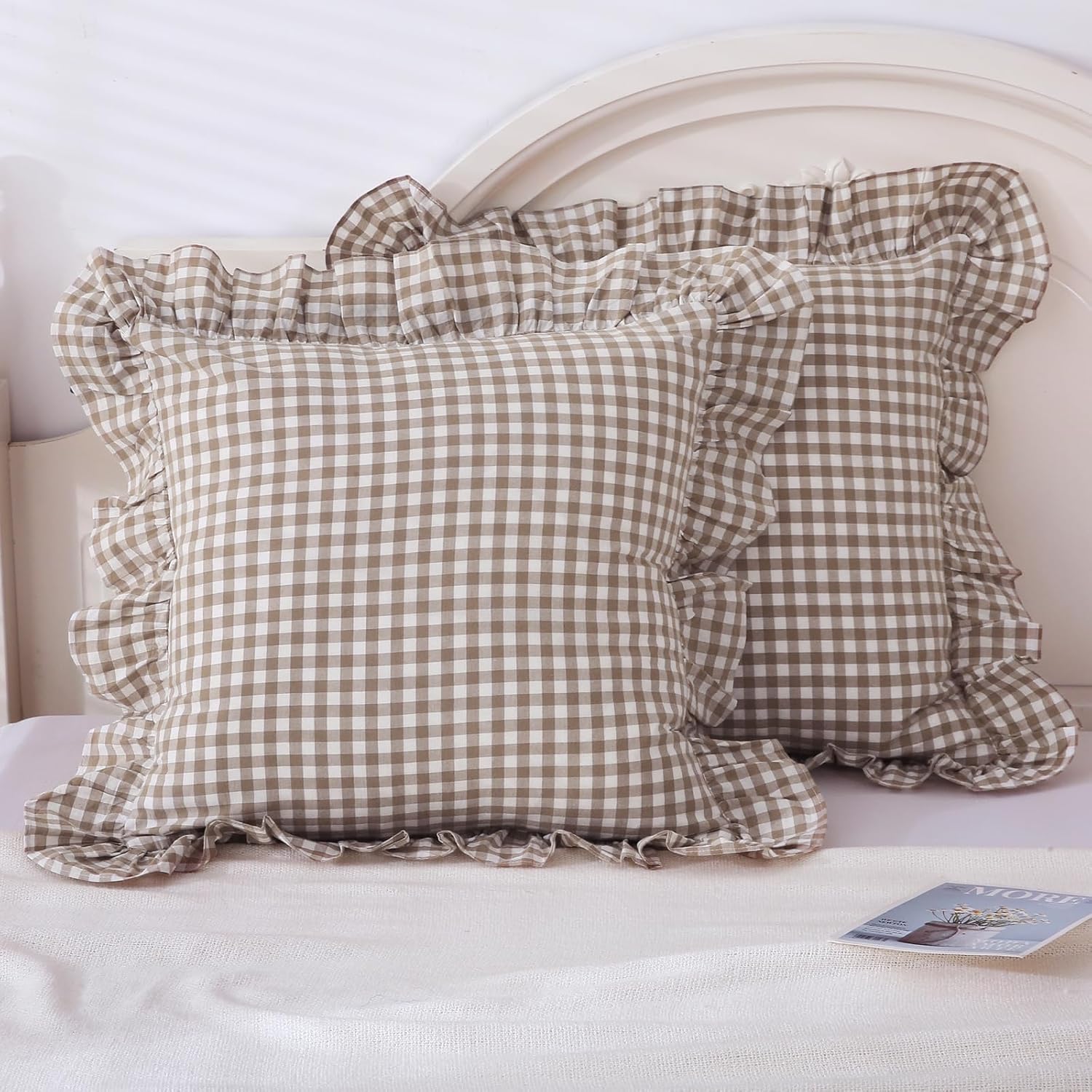 Decorative Throw Pillow Covers for Couch 20"x20",2 Pack Vintage Checkered Washed Cotton Pillowcases for Bed, Sofa, Living Room
