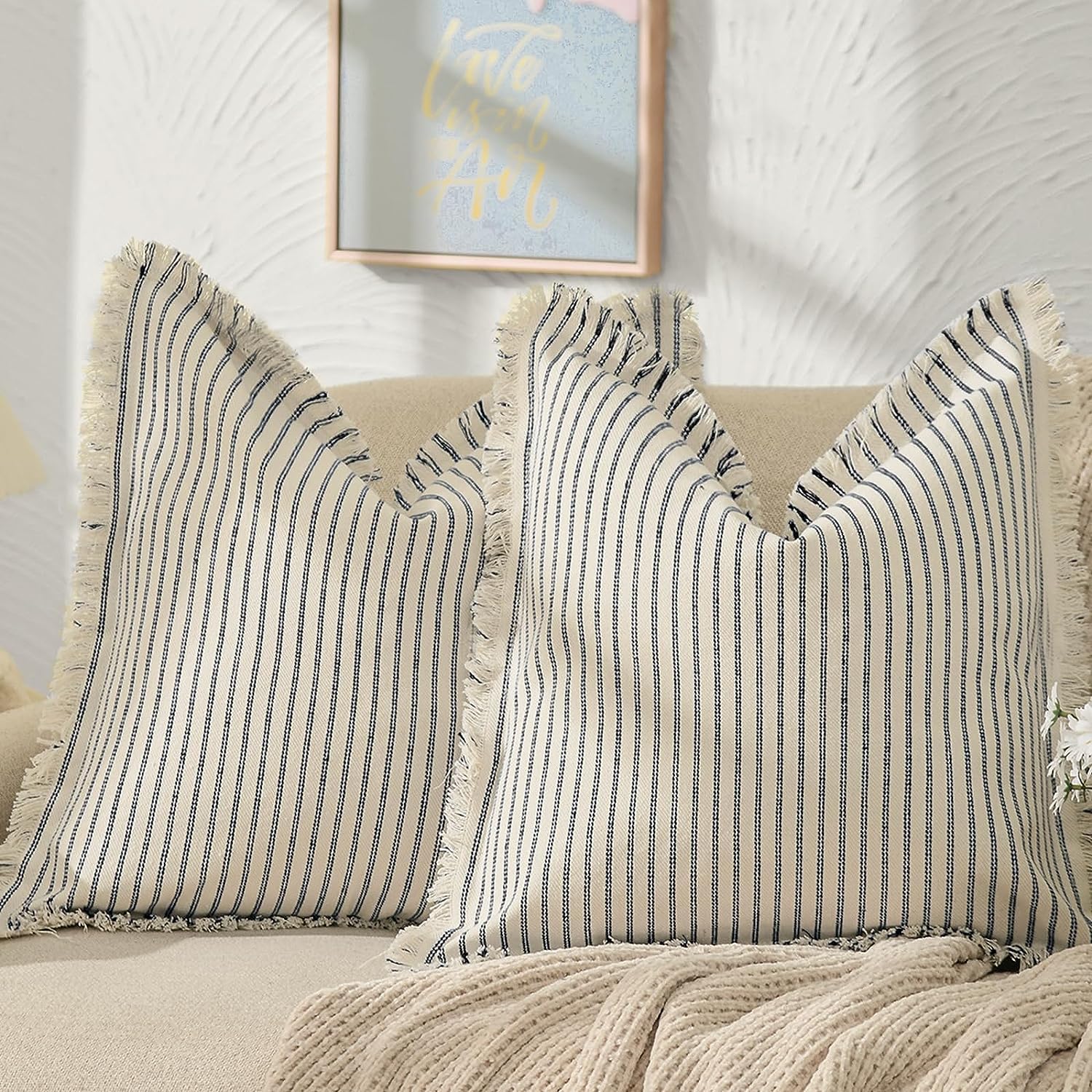 Throw Pillow Covers 22x22 Set of 2 Striped Pillow Covers with Fringe Chic Cotton Decorative Pillows Square Cushion Covers for Sofa Couch Bed Living Room Farmhouse Decor